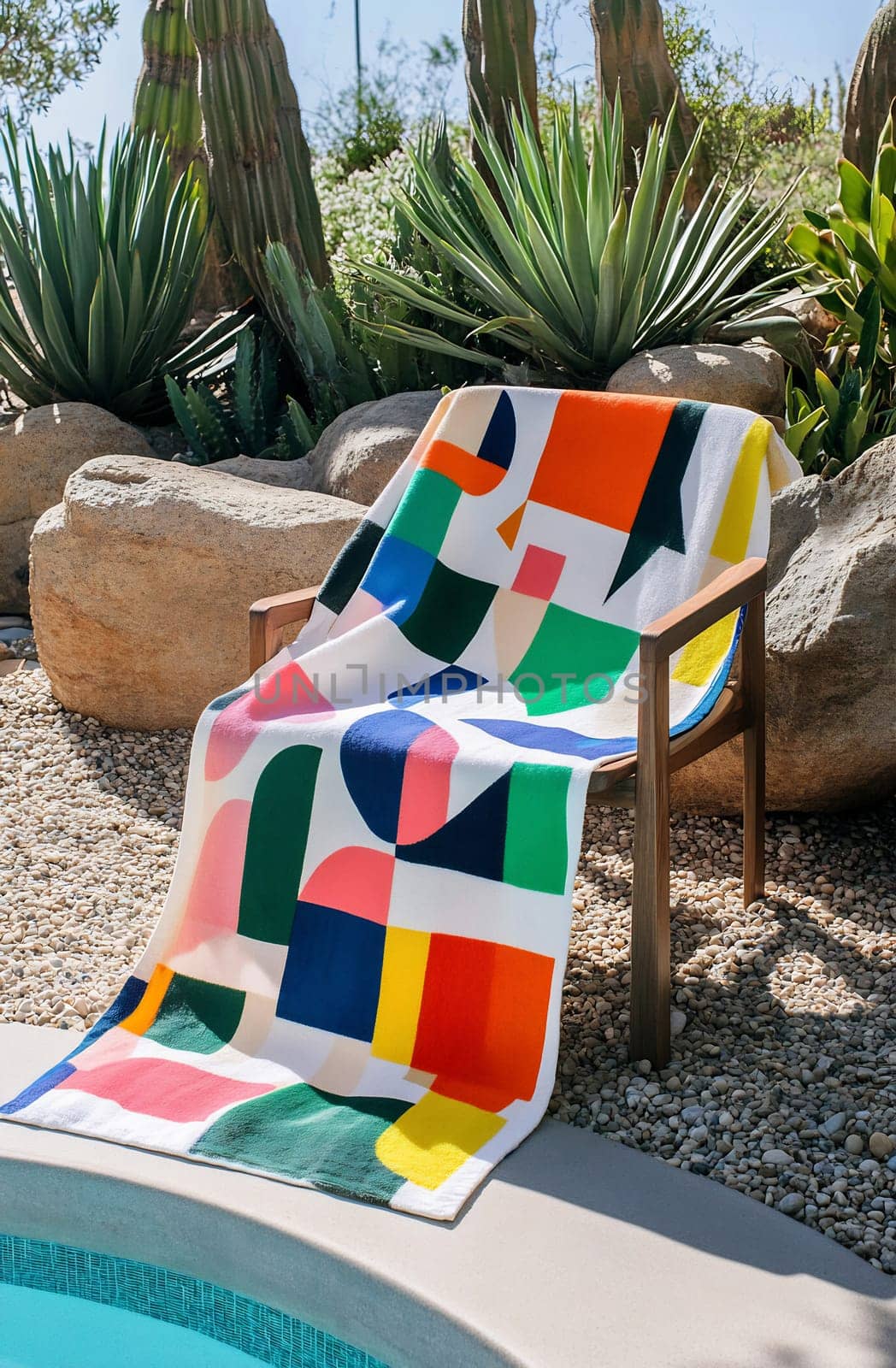 A vibrant towel featuring geometric patterns is elegantly draped over a wooden chair near a sunny poolside, surrounded by lush greenery.