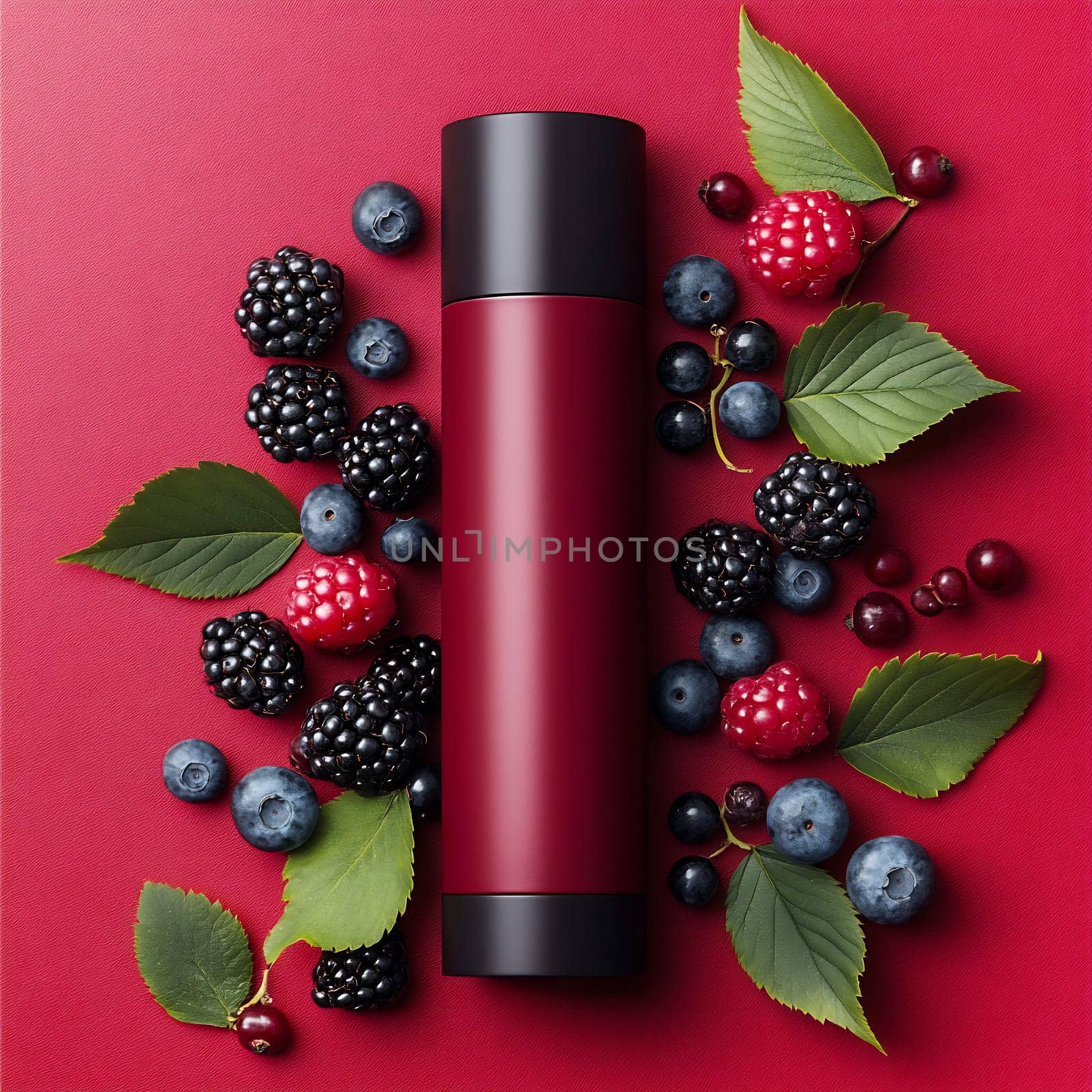 A thermal flask sits on a red background, surrounded by an array of fresh berries and vibrant green leaves, creating a colorful arrangement.