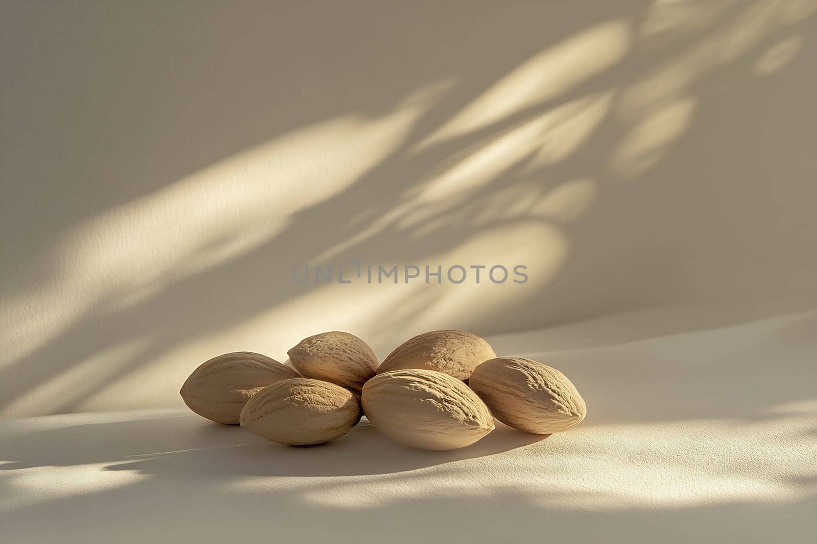 A collection of almonds is displayed on a light surface, with soft shadows playing around them, creating a serene atmosphere.
