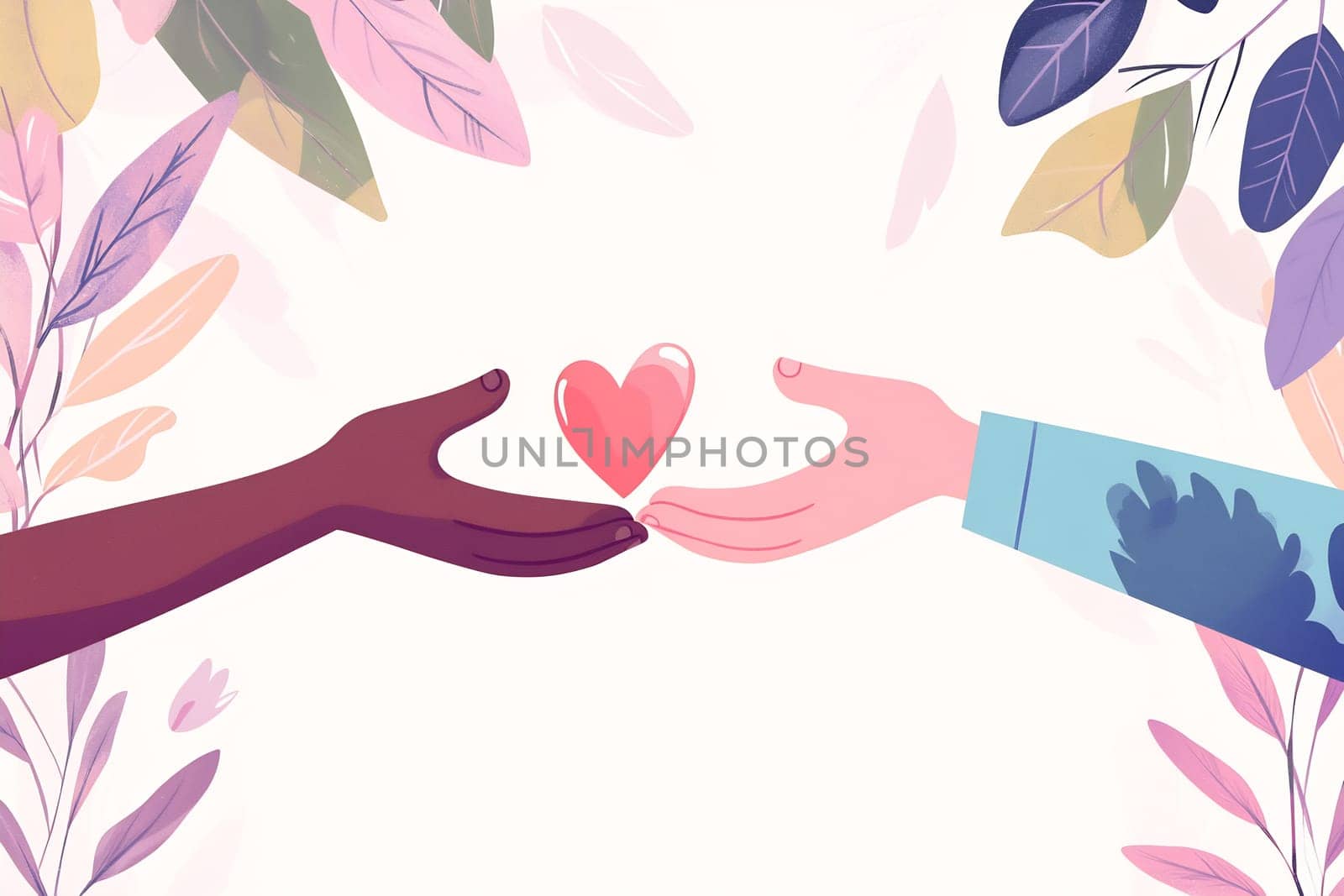 Two hands, one dark and one light-skinned, stretch towards each other holding a heart, symbolizing unity and love.