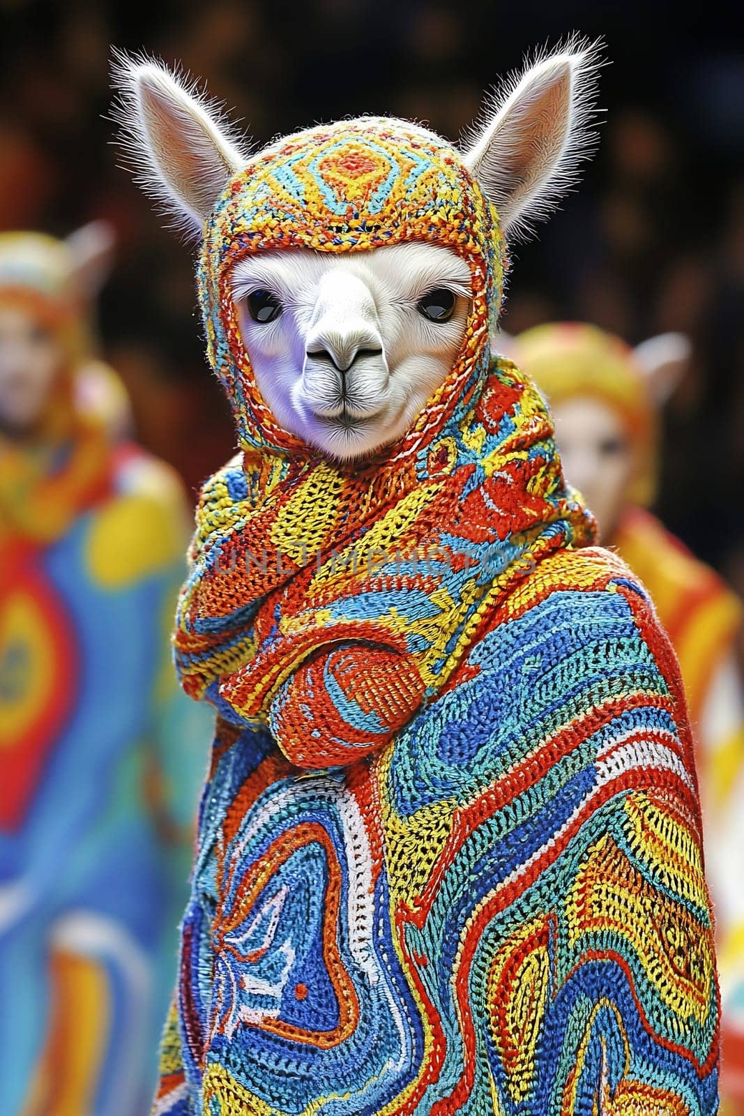 Llamas wearing vibrant, intricately designed garments walk down the runway, captivating the audience with their colorful attire.