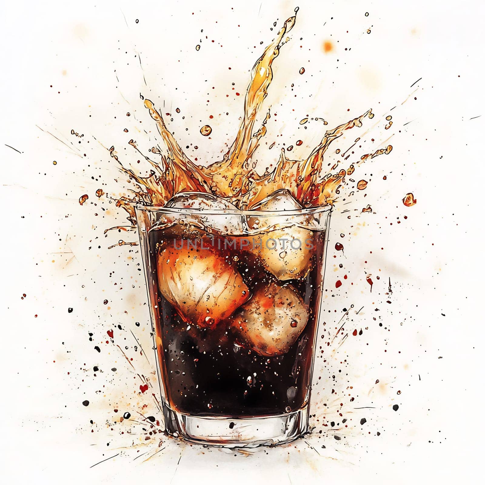 Bubbles rise and ice floats in a glass as vibrant liquid splashes out, capturing a moment of refreshment and excitement.