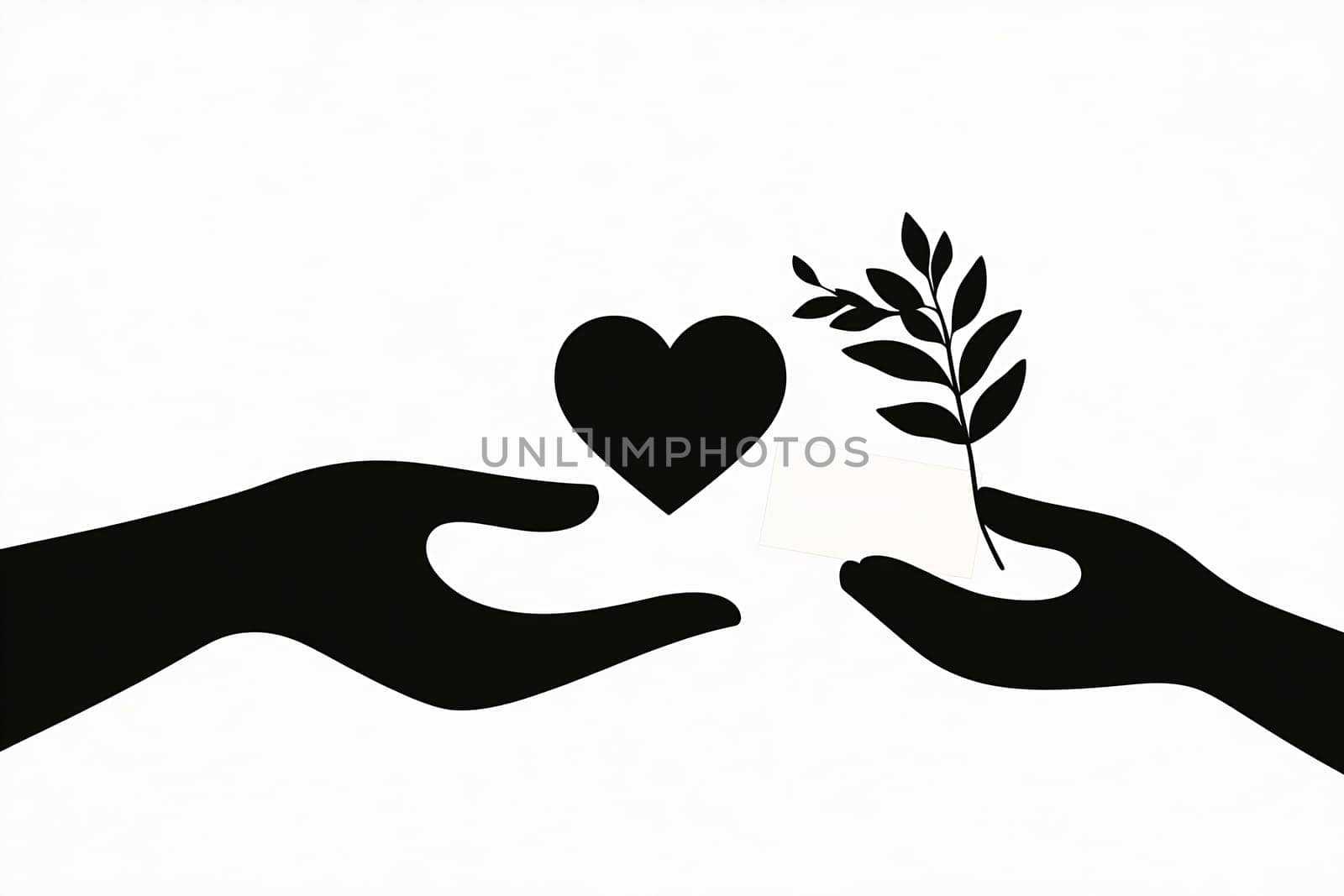 Two hands reach out to each other, one offering a heart and the other a sprig of leaves, symbolizing love and connection.