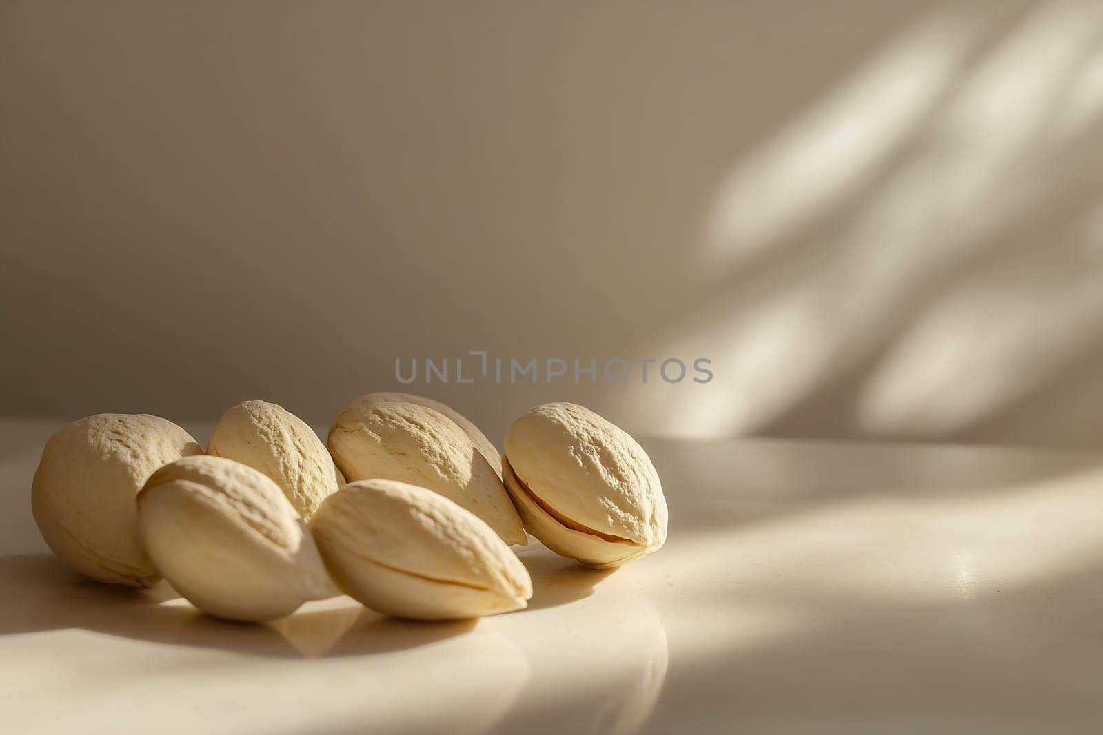 Fresh pistachios arranged neatly on a light surface, illuminated by soft natural light, showcasing their smooth texture and color.