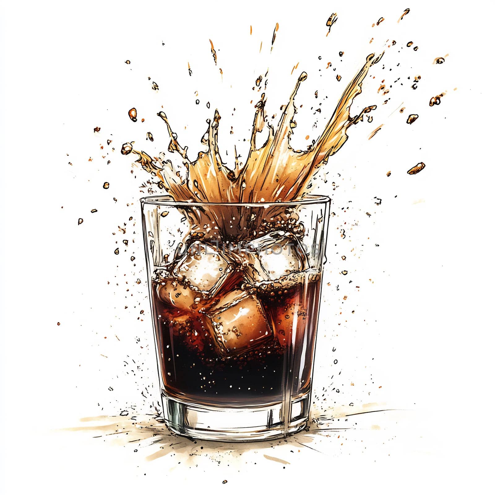 A glass filled with cola and ice cubes experiences a dynamic splash, capturing the refreshing moment as the drink overflows.
