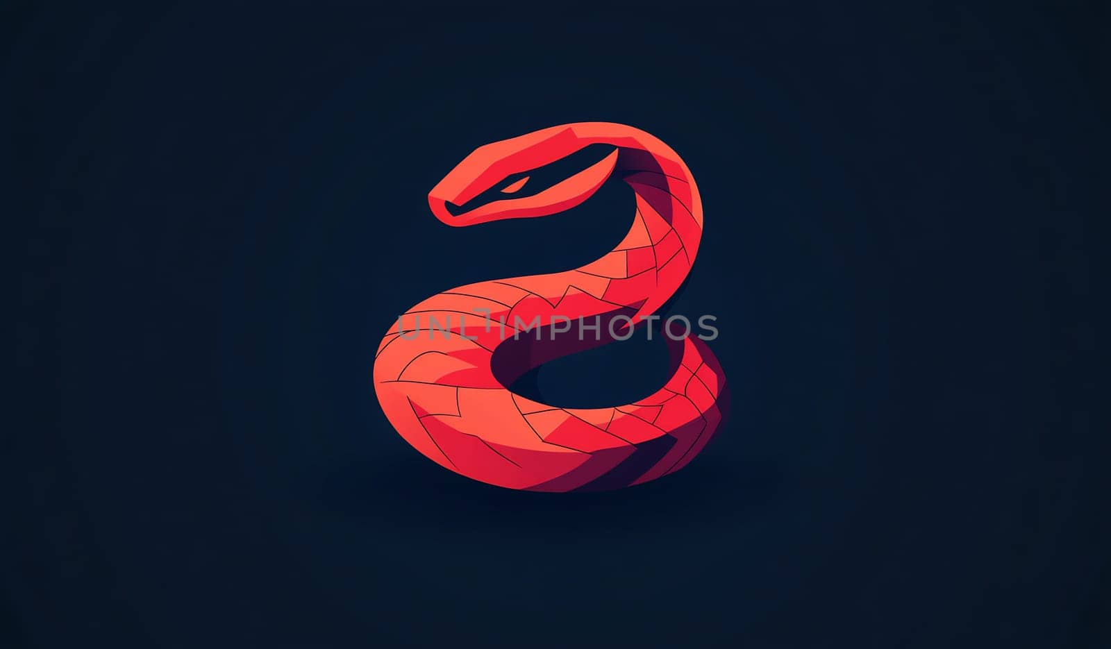 A striking red snake with a geometric pattern twists against a dark background, showcasing a modern and artistic style.
