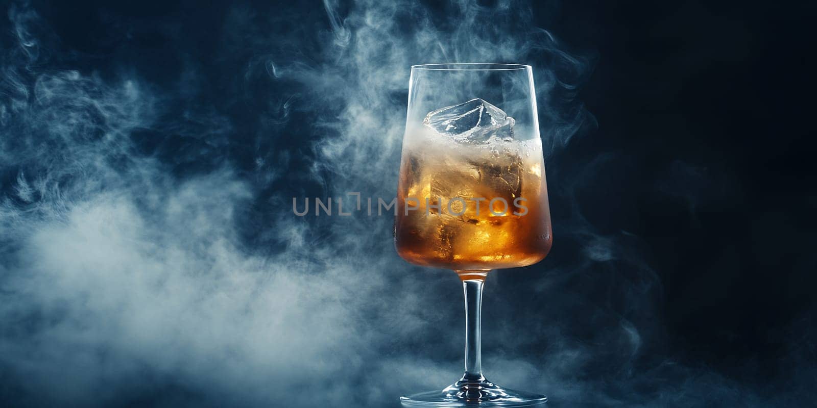 A tall glass filled with a cold beverage and ice sits against a dark backdrop, surrounded by mysterious smoke swirling around.