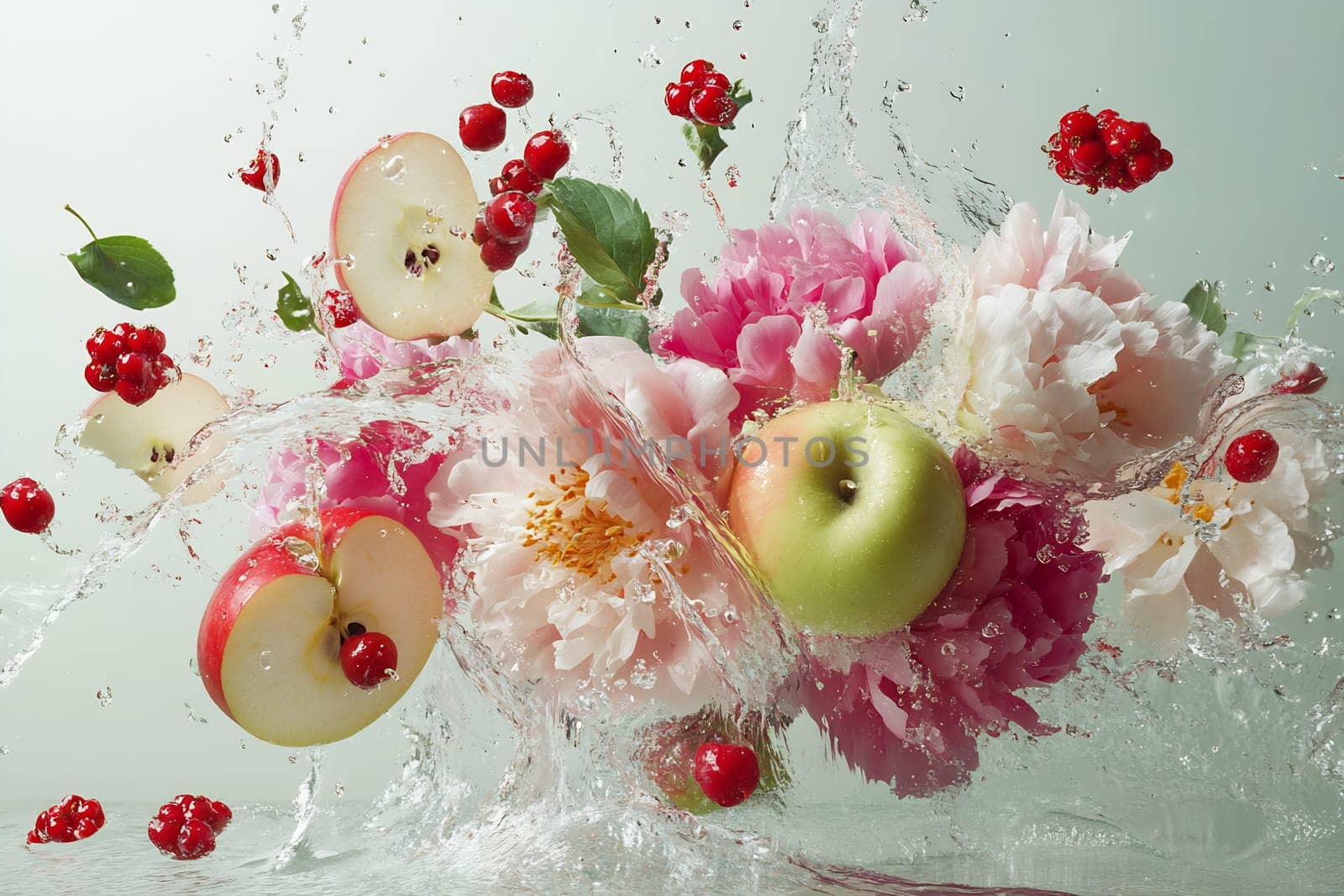 A vibrant arrangement of flowers and fruits bursts through water, showcasing apples, flowers, and red berries in lively motion.