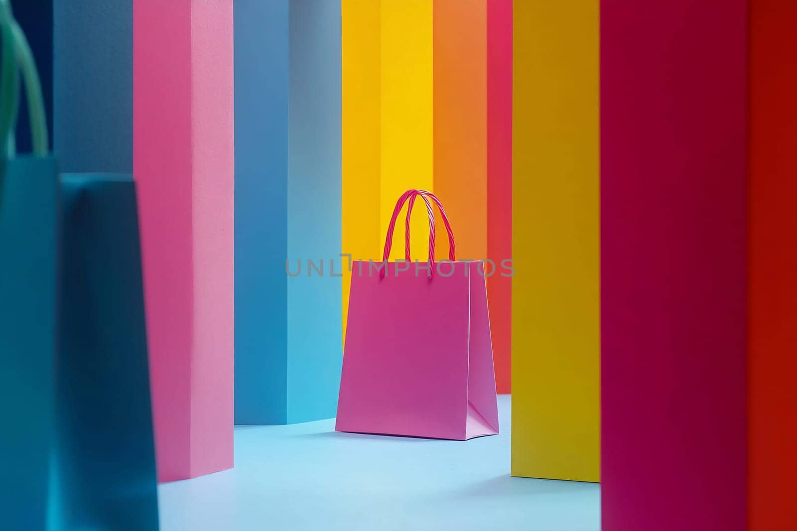 Brightly colored columns surround a pink shopping bag, creating a lively and artistic atmosphere perfect for shopping.