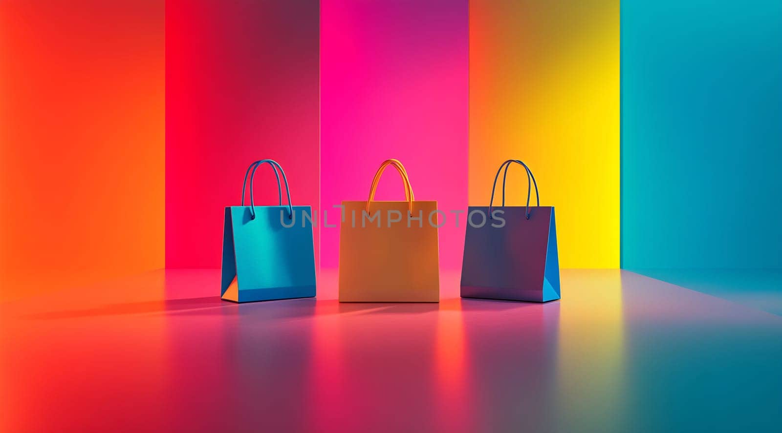 Three vibrant shopping bags are positioned against a brightly colored backdrop, showcasing a playful arrangement and lively atmosphere.