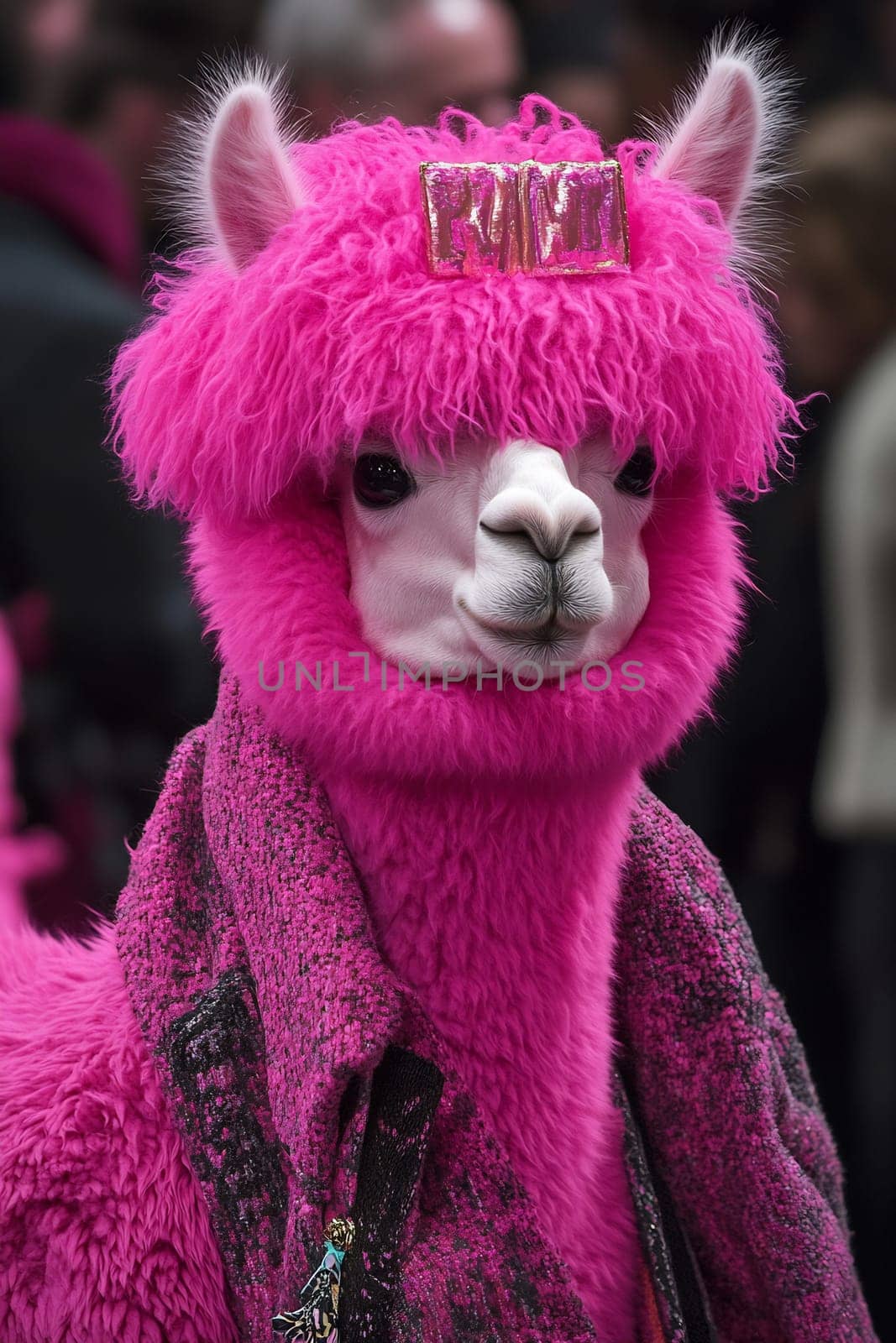 A lively pink alpaca showcases a vibrant outfit at an event, attracting attention with its unique look and playful spirit.