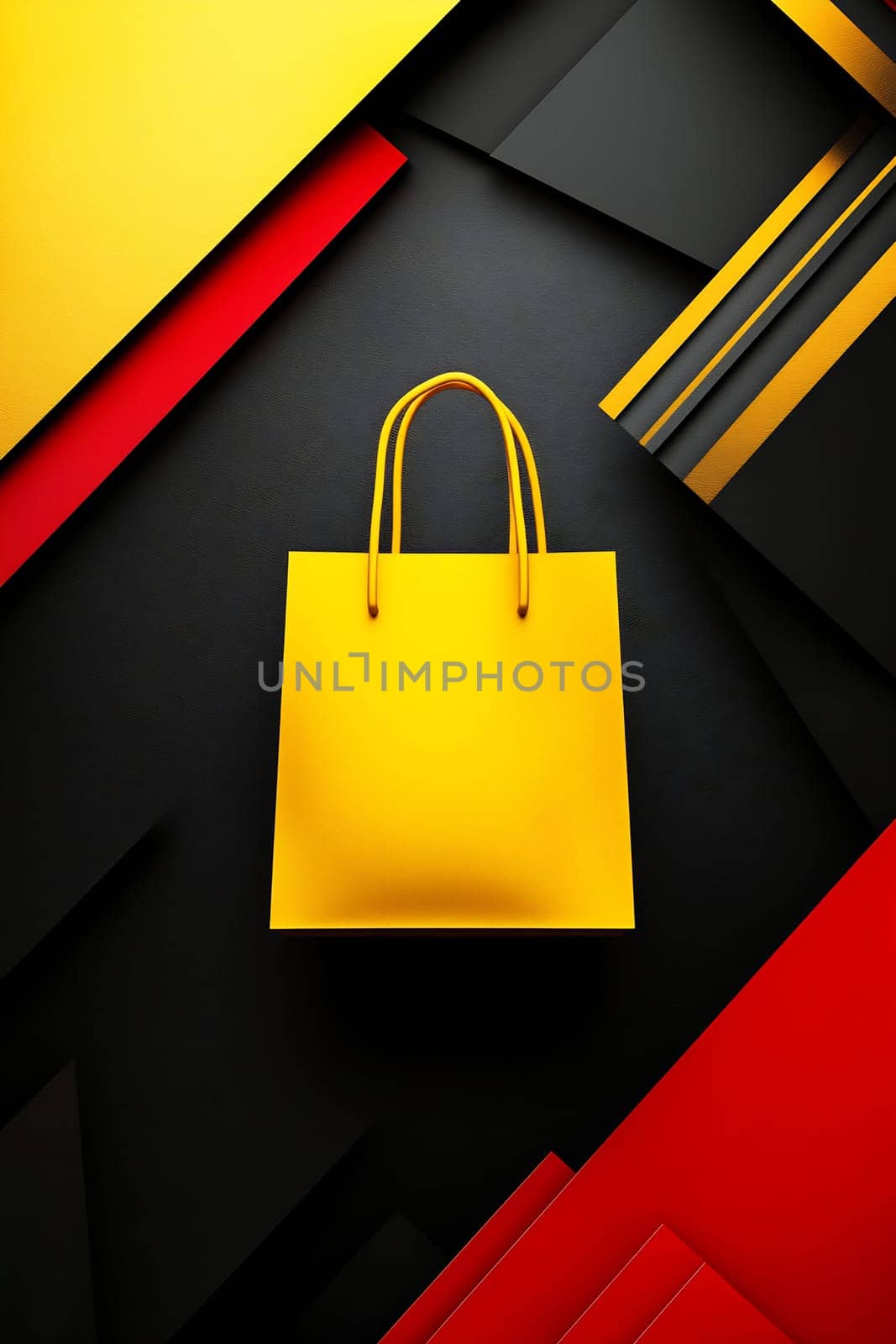 A bright yellow bag is centered against a striking backdrop of black, red, and gold geometric shapes creating a bold visual display.