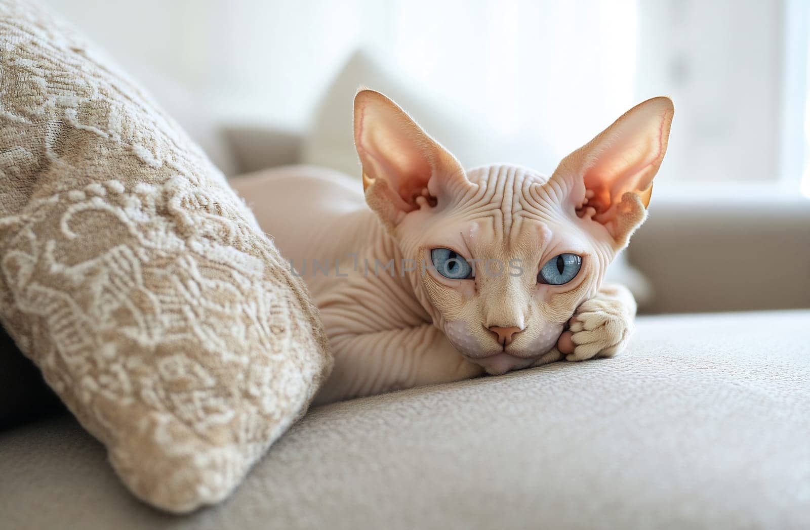 A Sphynx cat with striking blue eyes lounges on a beige couch, showcasing its unique hairless features under soft light.