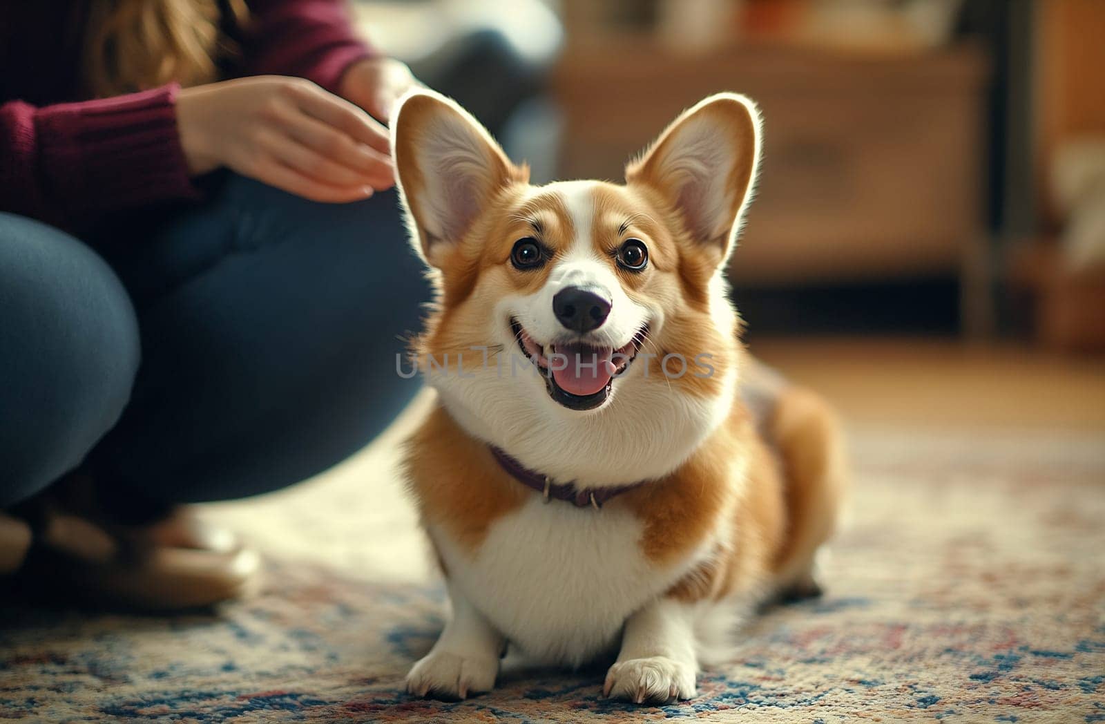 A smiling corgi sits on a colorful rug while its owner interacts nearby in a cozy indoor setting.