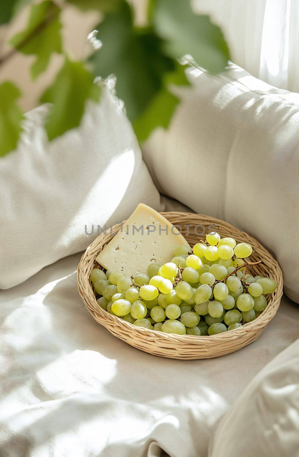 A basket filled with green grapes and a piece of cheese rests on a soft couch draped in light-colored fabric, with sunlight filtering in.
