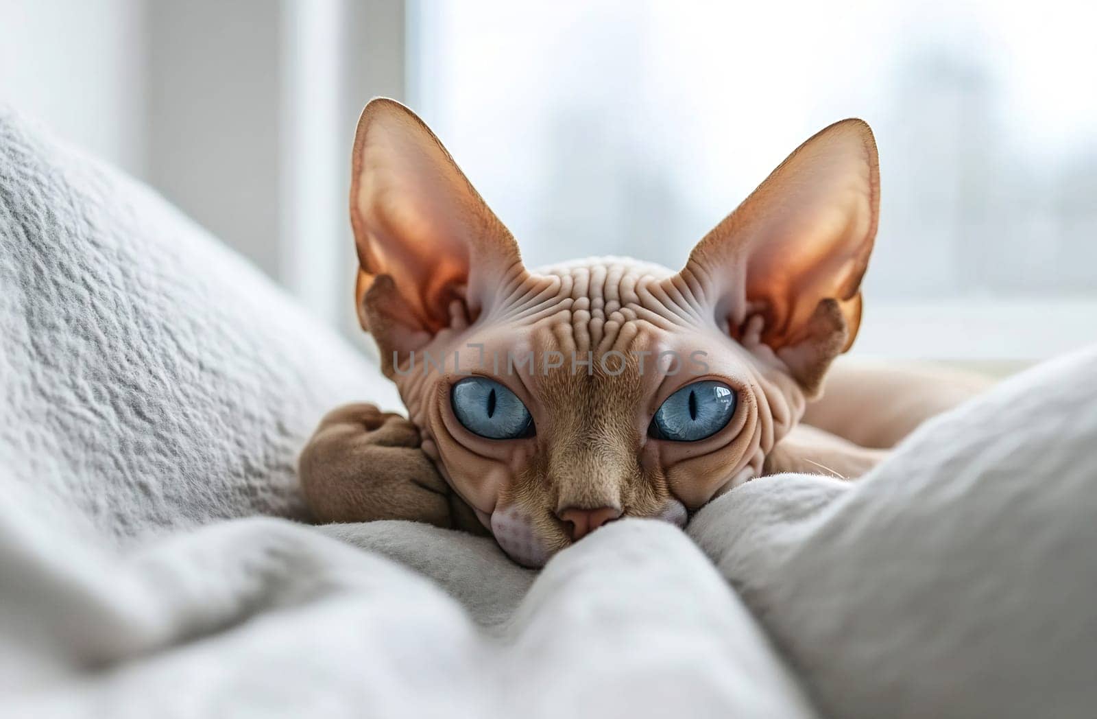 A sphynx cat rests comfortably on a soft blanket, showcasing its unique skin texture and bright blue eyes in a cozy indoor setting.