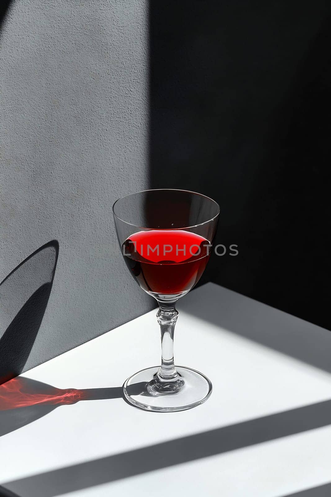 A clear glass with a red liquid sits on a white table, illuminated by natural light creating striking shadows.