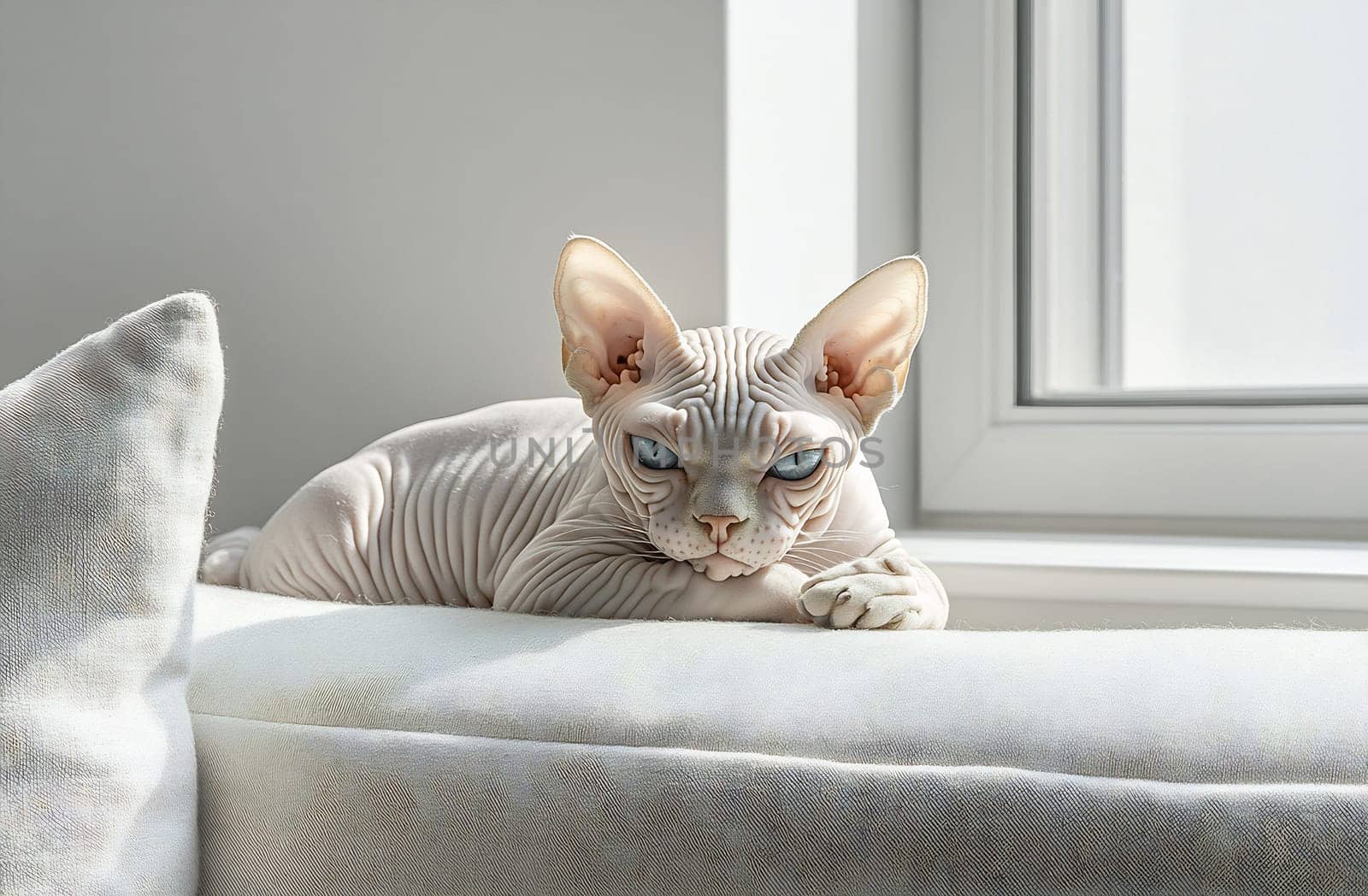 A sphynx cat with blue eyes lounges on a couch by a sunny window, showcasing its unique features and relaxed demeanor in a modern space.