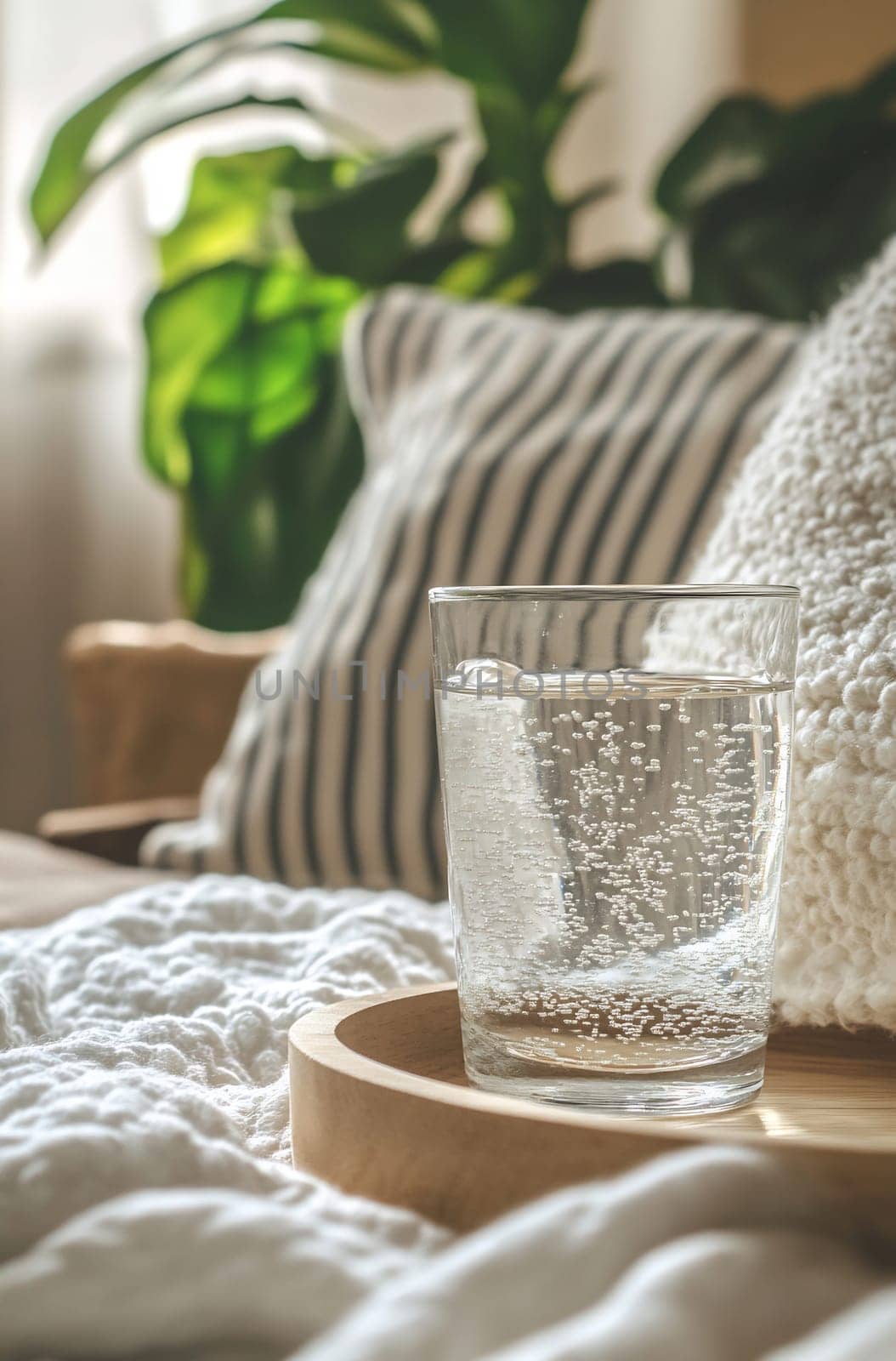 A clear glass filled with sparkling water rests on a wooden tray, surrounded by cozy pillows and green plants in a warm, inviting space.