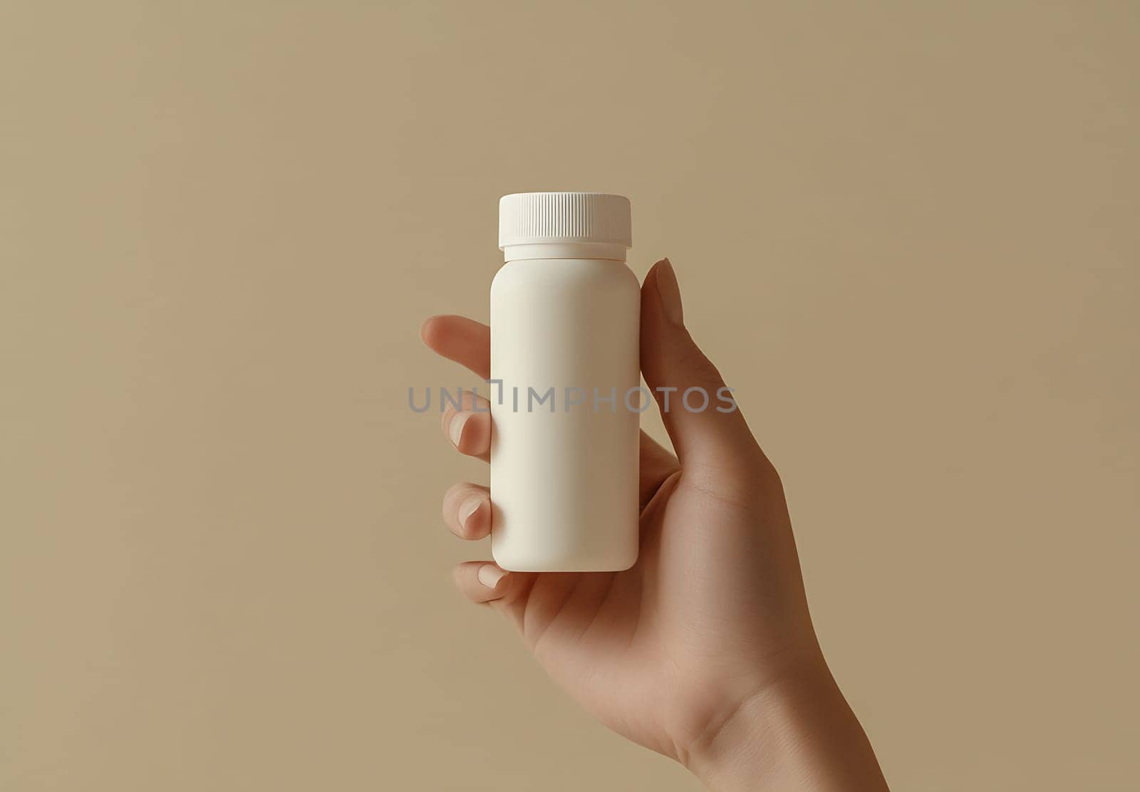 A hand holds a plain white bottle against a soft beige background, illustrating minimalism and simplicity in design.