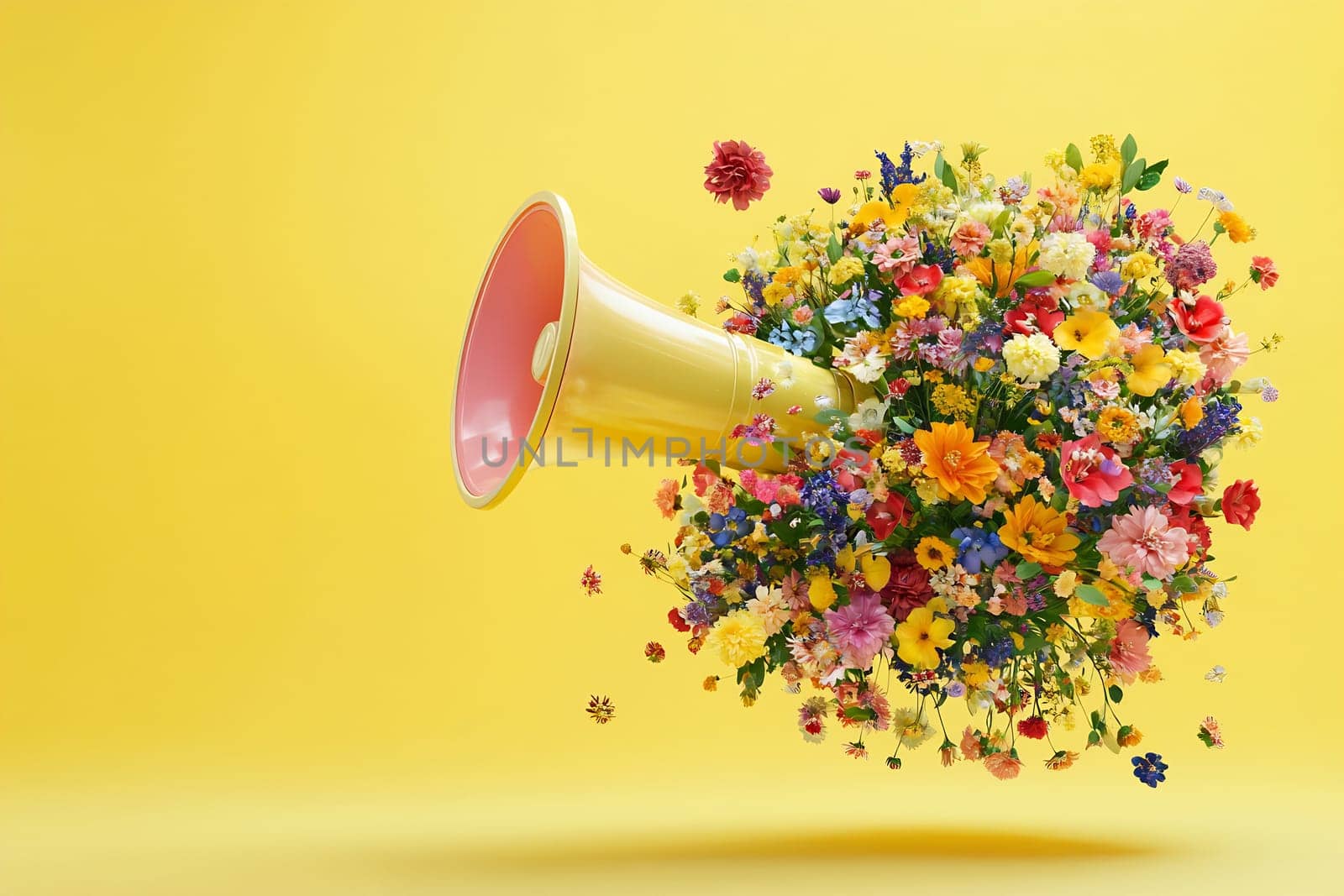 A colorful megaphone releases a vibrant explosion of flowers against a bright yellow background, symbolizing creativity and expression.