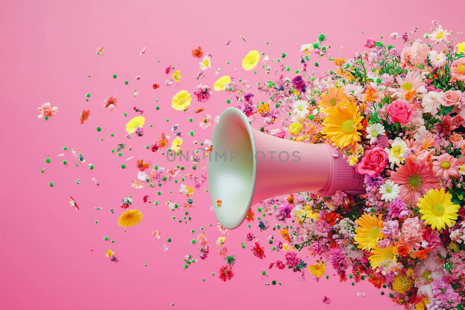 A colorful explosion of flowers flows from a megaphone against a pink background, symbolizing creativity and expression in a unique way.