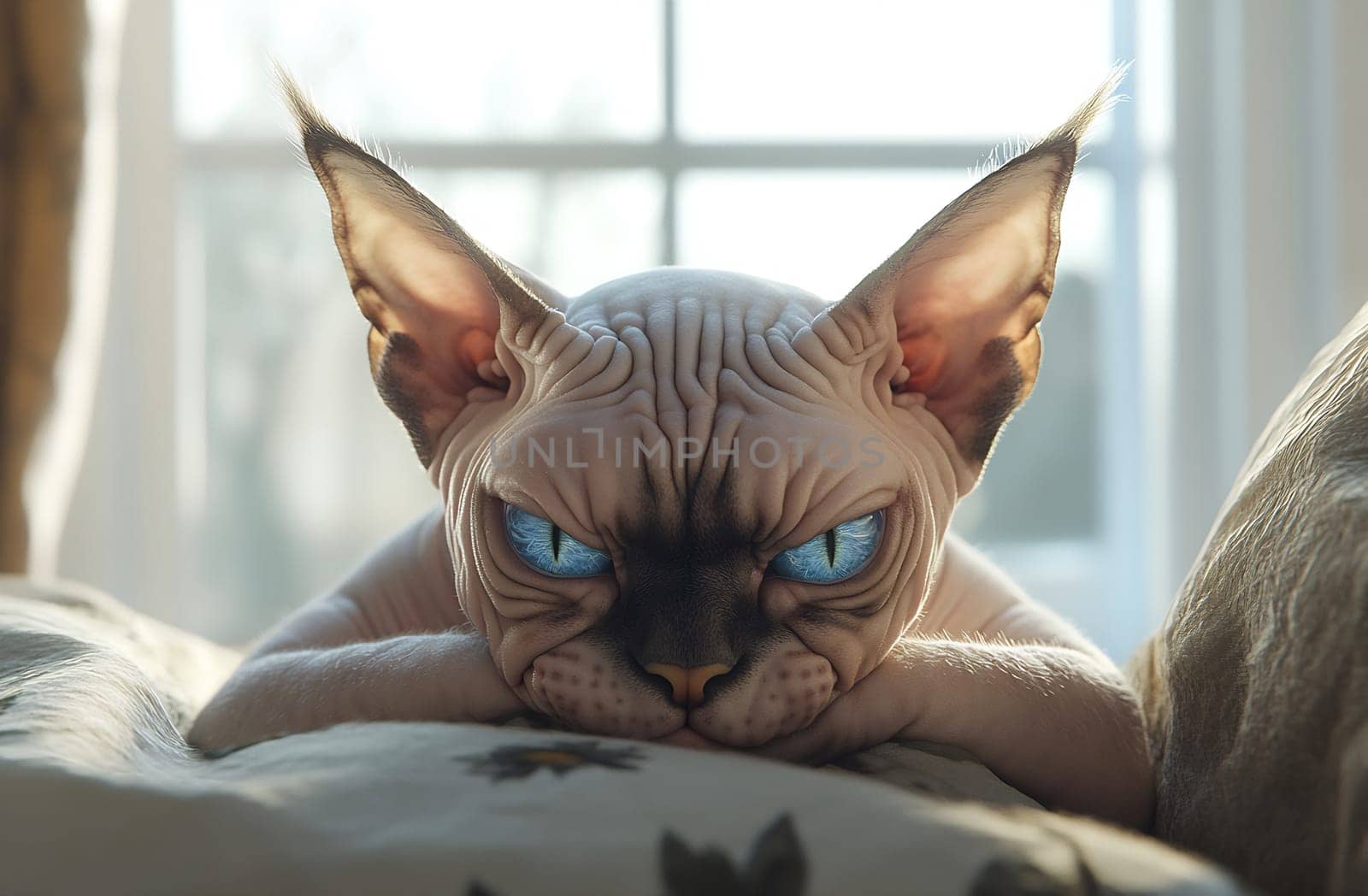 This unique Sphynx cat lounges on a cozy couch, showcasing its striking blue eyes and wrinkled skin while basking in warm sunlight.