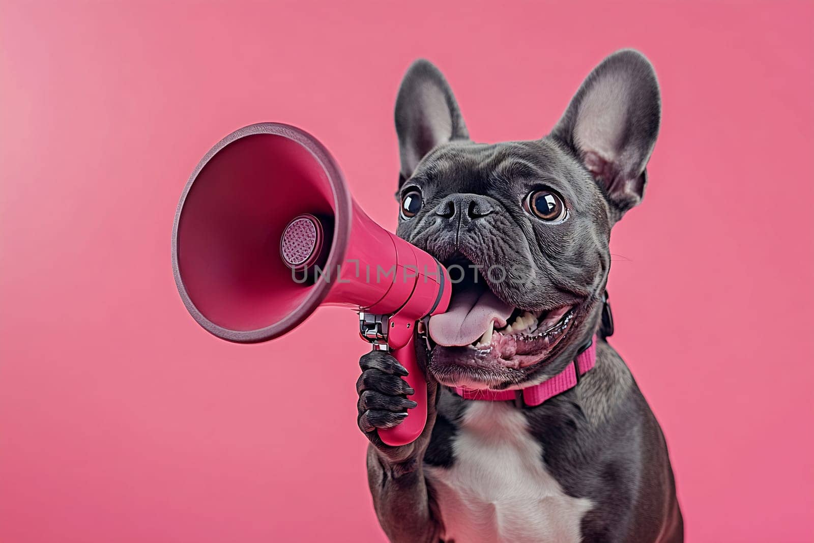 A French Bulldog stands against a pink backdrop, enthusiastically holding a pink megaphone while sticking out its tongue.