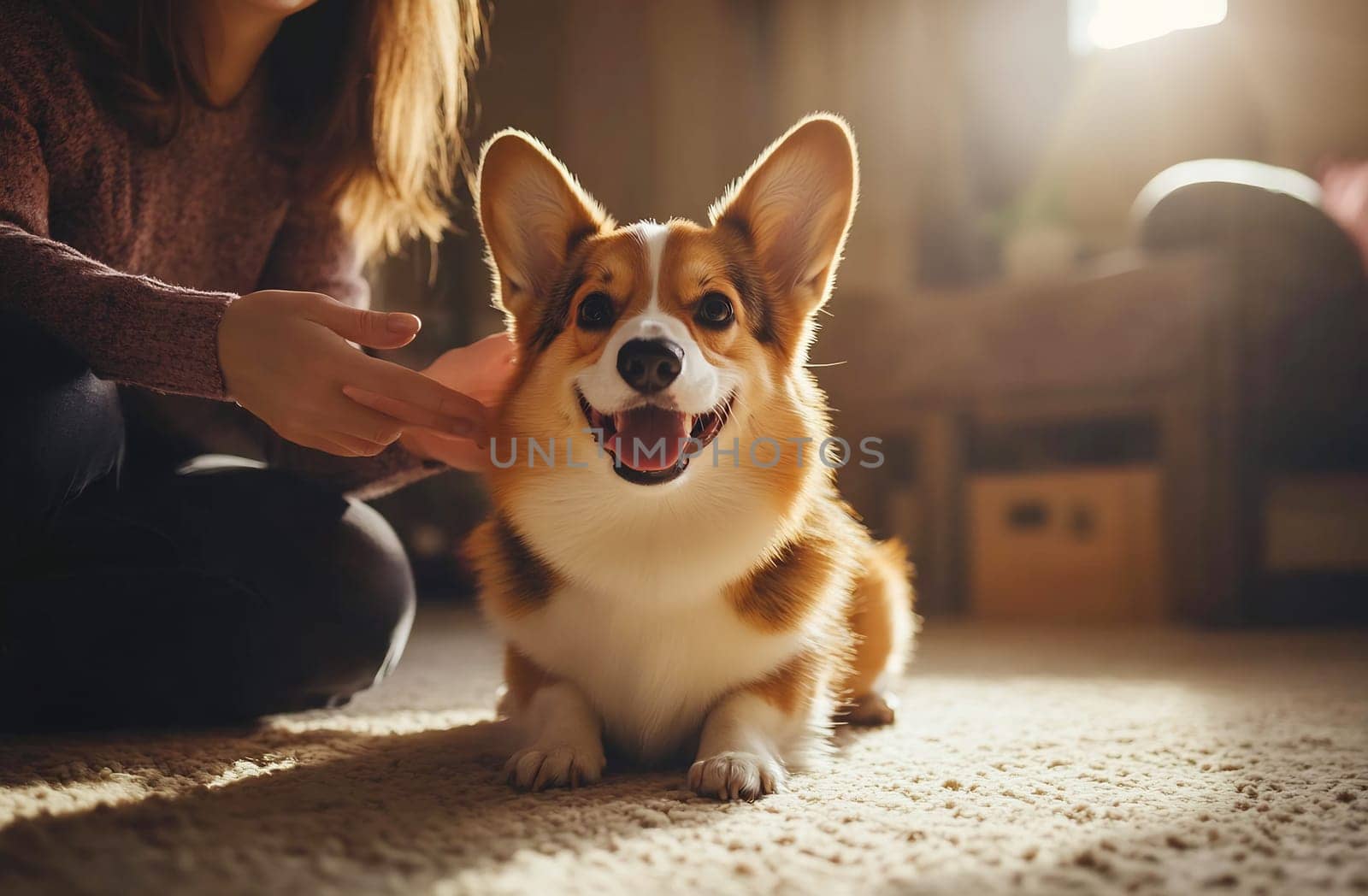A happy corgi is being petted by a person in a warm, softly lit indoor space, showcasing a bond between them.