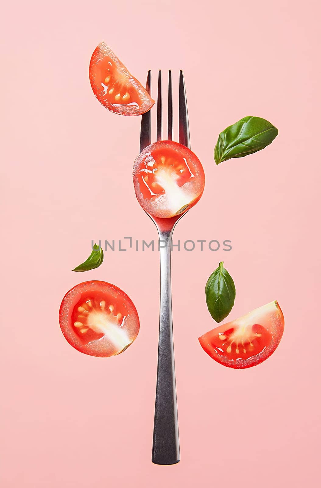 A fork holds sliced tomatoes with droplets, surrounded by fresh basil leaves against a pale pink background, showcasing vibrant colors.