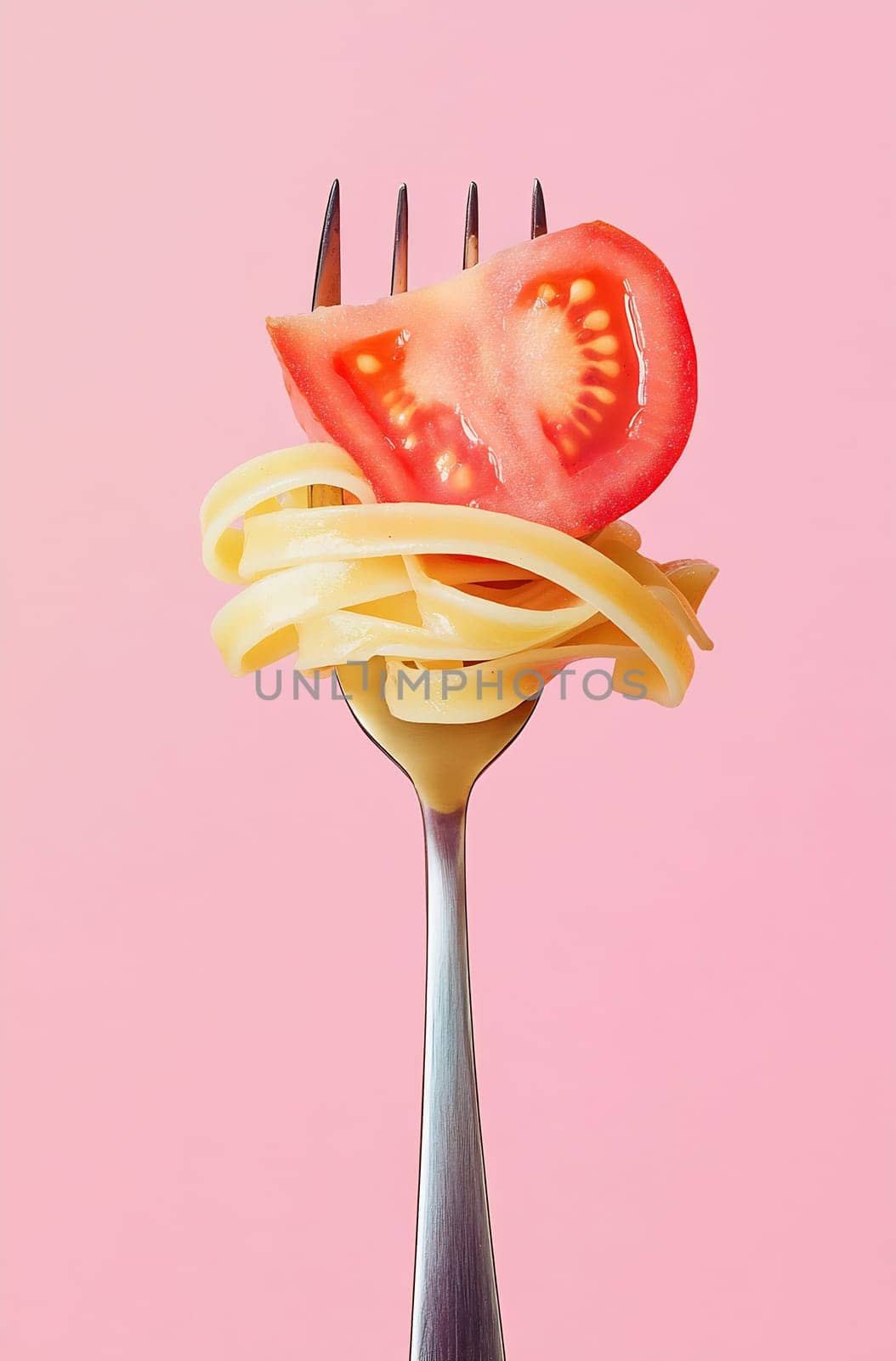 A fork is elegantly holding a twirl of pasta topped with a fresh slice of tomato against a bright pink background.