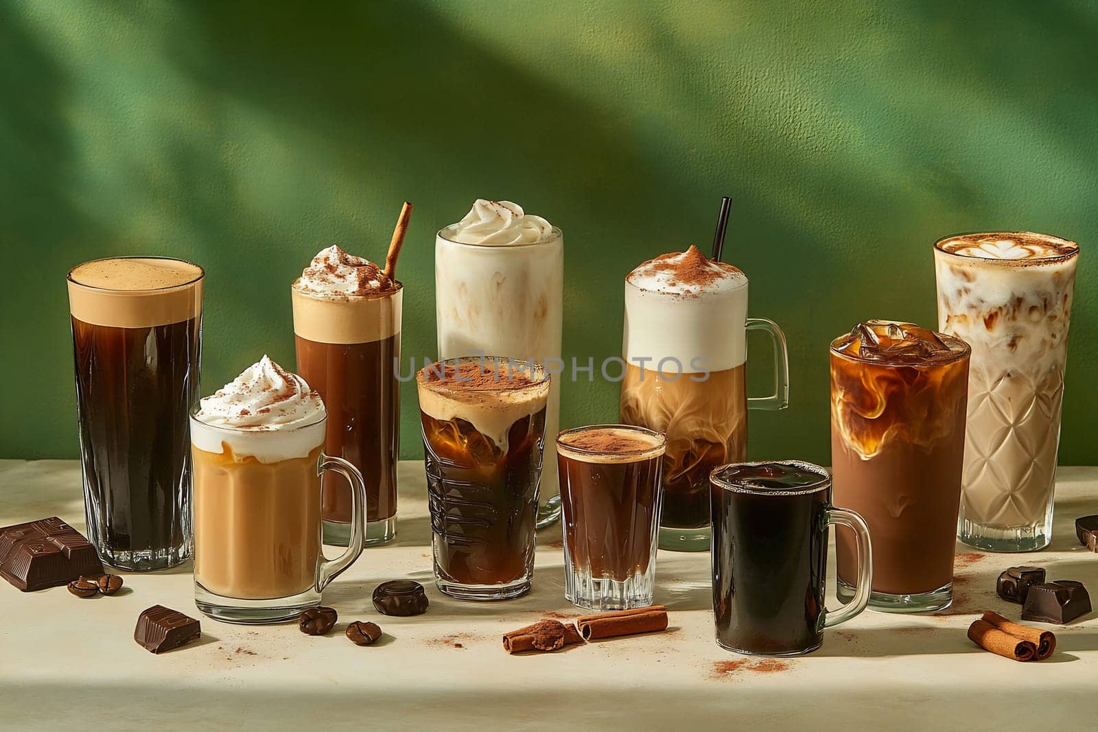 Multiple coffee drinks are showcased artistically on a table, featuring various preparations and garnishes against a green backdrop.