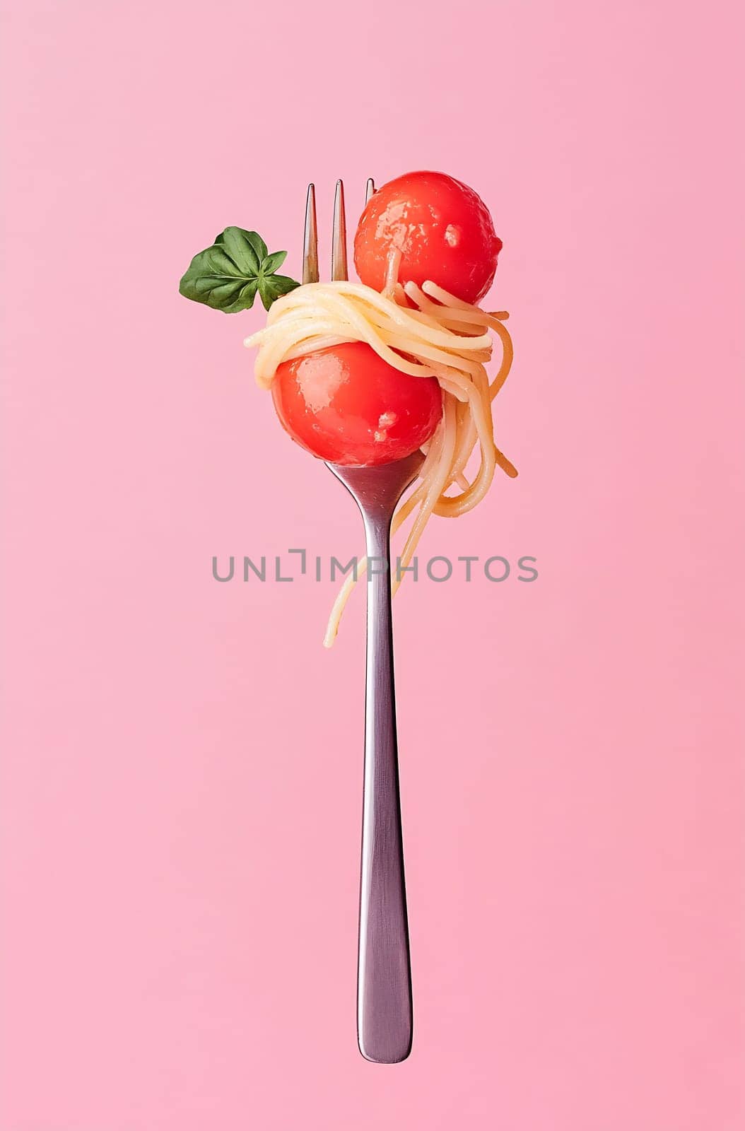 A fork holds two cherry tomatoes and strands of spaghetti against a pastel pink background, showcasing playful food presentation.
