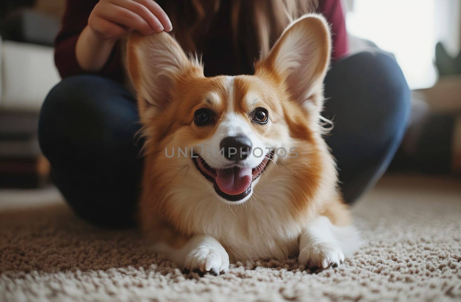 A happy corgi lies on a carpet while being gently petted by a person on a cozy afternoon in a comfortable living room.