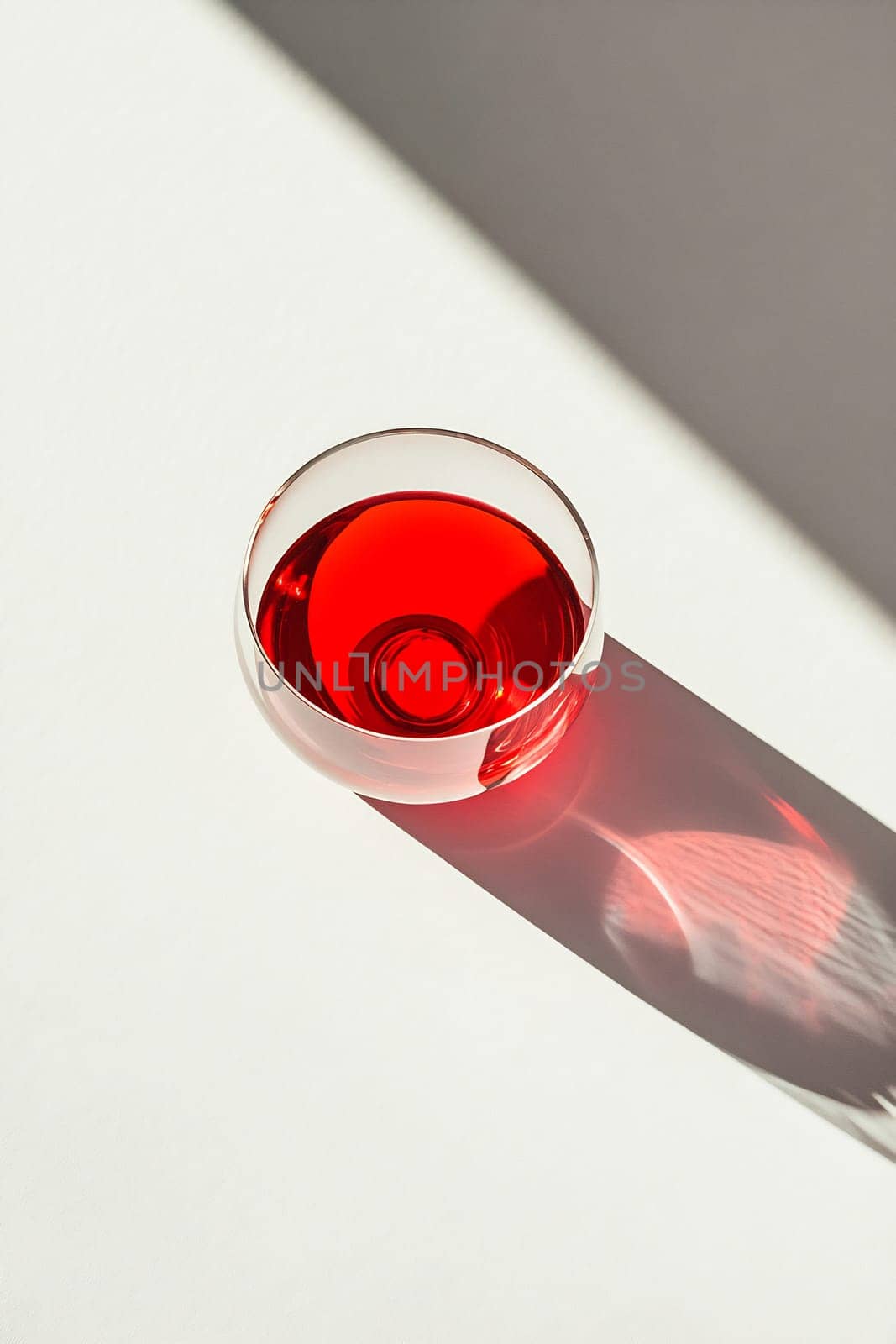 A round glass holds a vibrant red beverage, casting a distinct shadow on a light surface illuminated by sunlight.