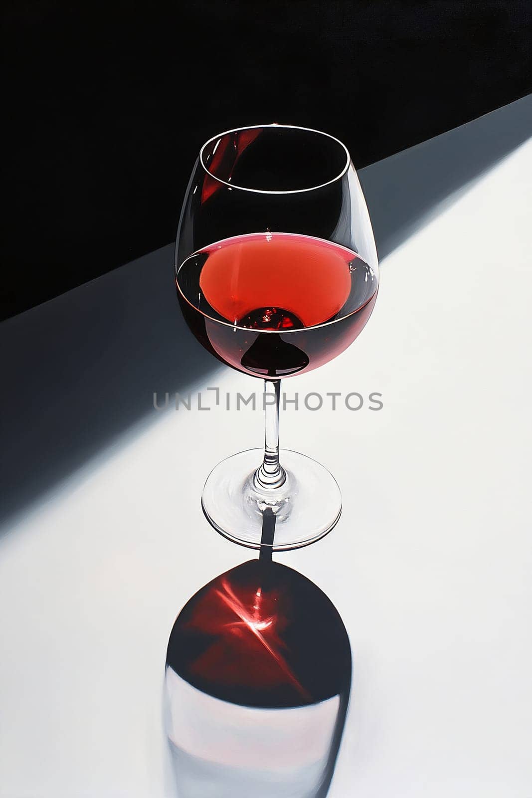 A glass of red wine sits on a table, creating a striking shadow while reflecting light in a darkened environment.