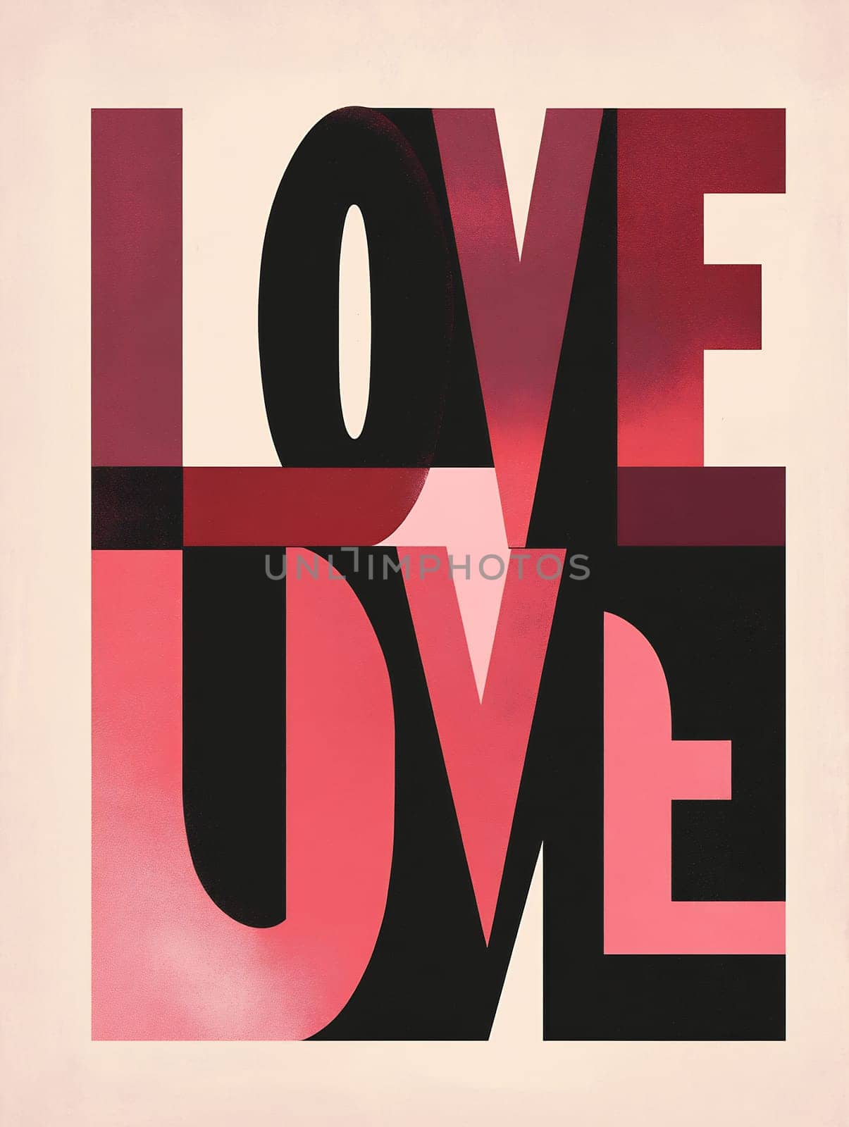 Bold graphic features the word love in various designs and colors, showcasing modern artistic expression and creativity.