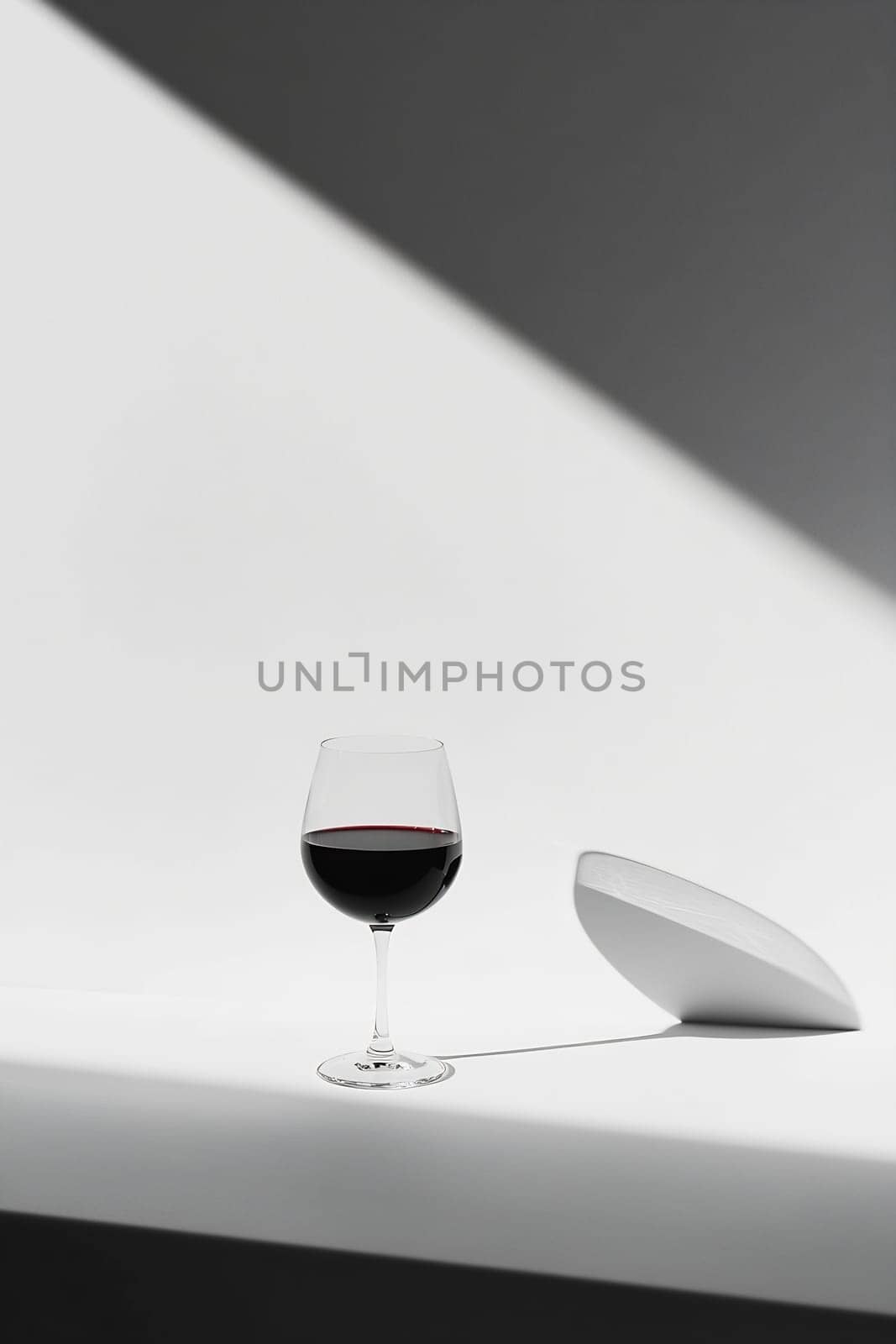A glass of red wine rests elegantly on a minimalistic table, with a soft shadow cast by a white plate in a bright setting.