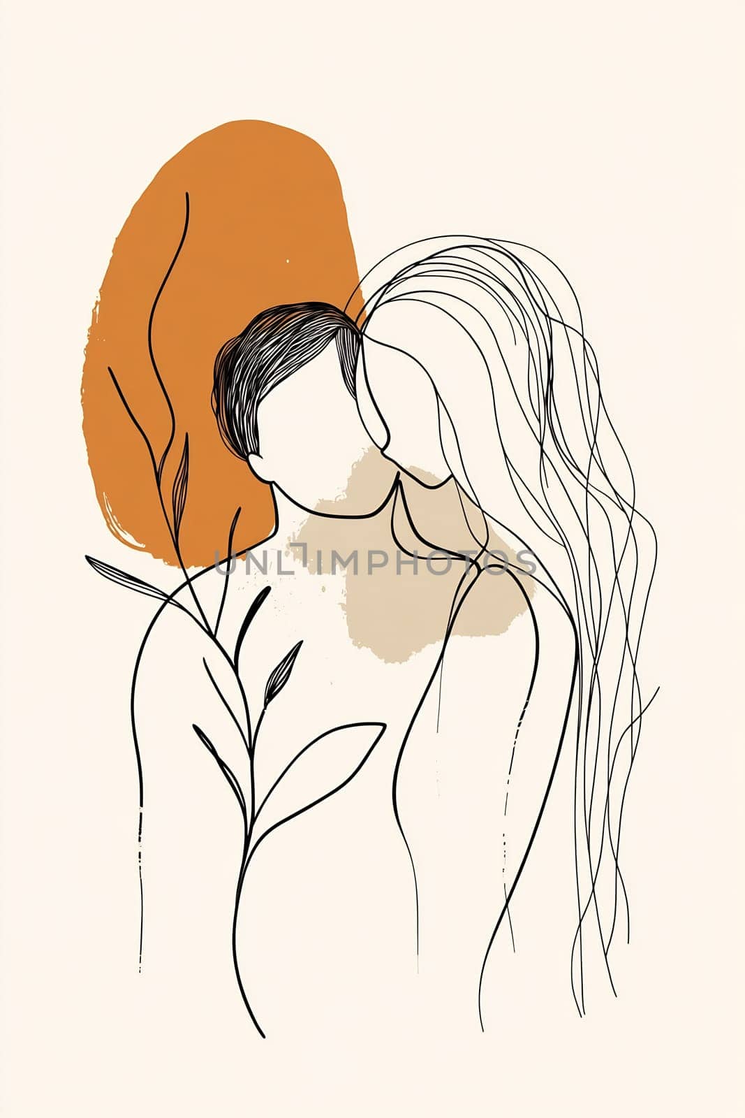 Two abstract figures lean into each other, surrounded by simple lines and earthy tones that convey intimacy and connection.