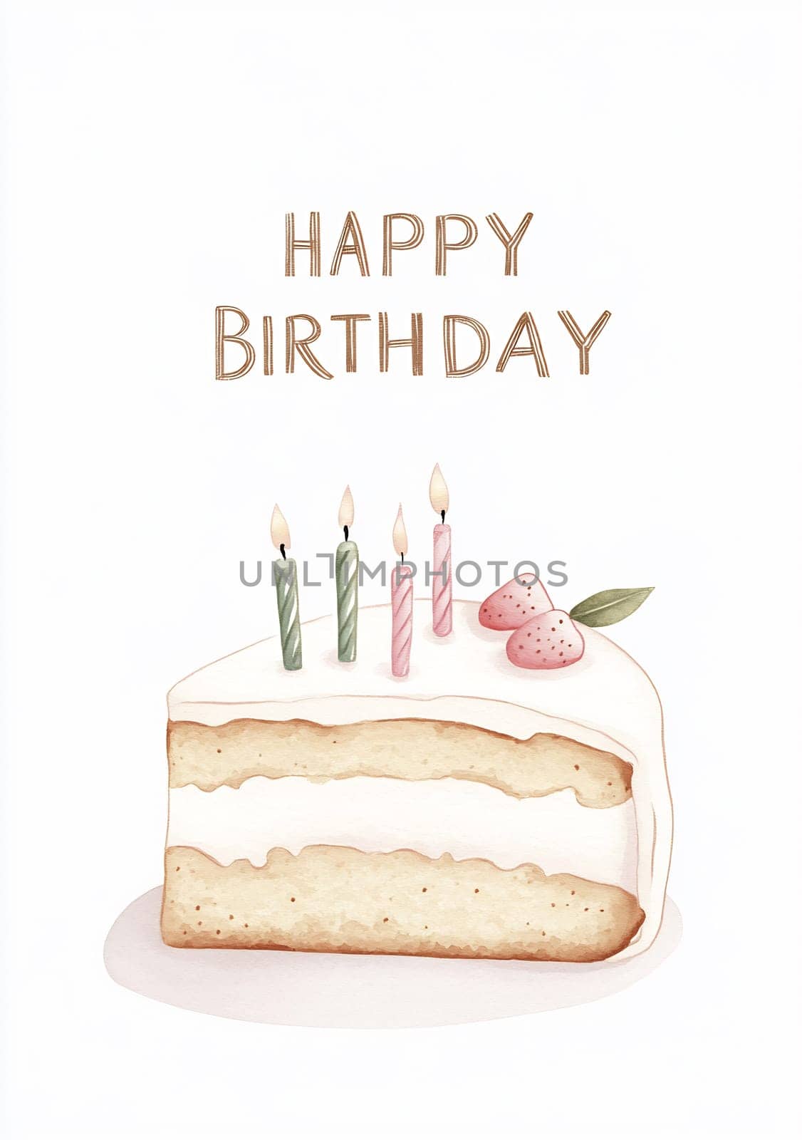 A decorative birthday cake with white frosting, candles, and fresh strawberries sits invitingly, highlighting a festive celebration.