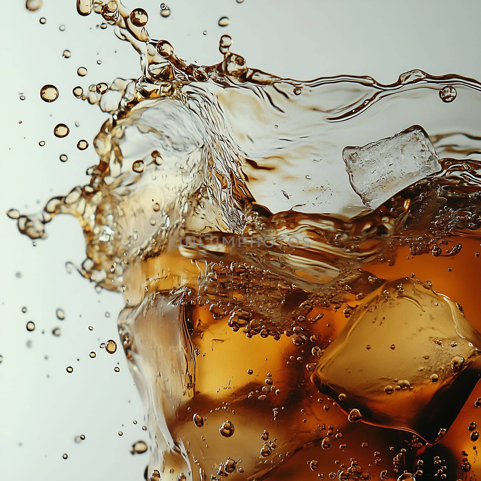 A cold beverage splashes as ice cubes collide with the liquid, creating dynamic water droplets and a refreshing atmosphere.