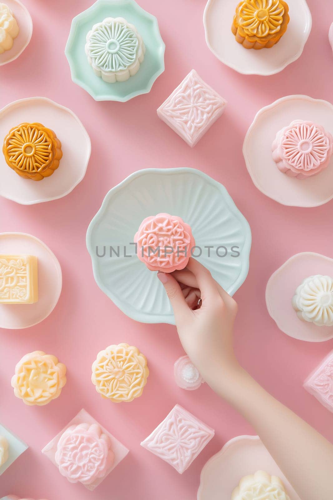Delicate, handcrafted desserts in pastel colors are artfully arranged on a pink background, showcasing intricate designs and textures.