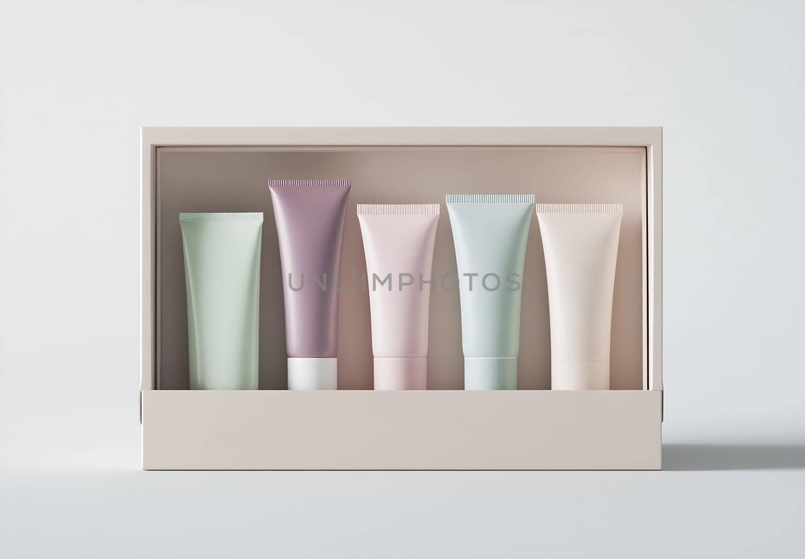 A set of five pastel-colored skincare tubes is neatly arranged in a soft beige box, showcasing a simple and elegant presentation.