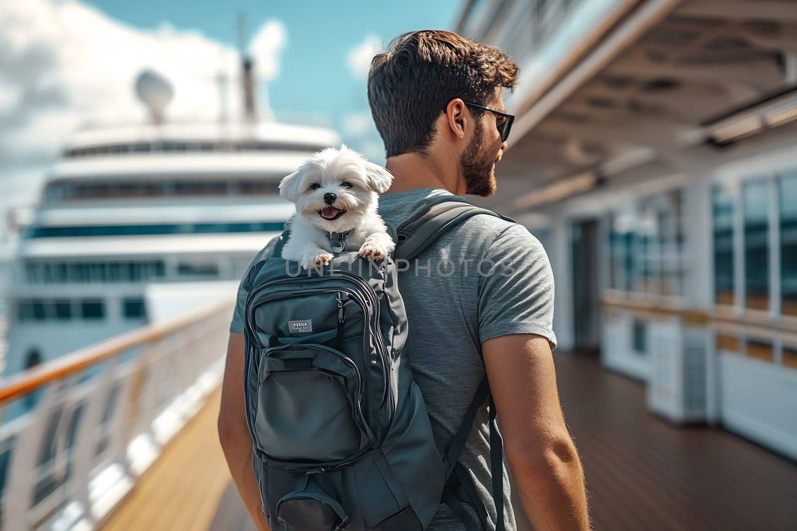 A man walks on a cruise ship deck with a small dog in his backpack, smiling in the warm sunlight. The ocean stretches in the background.