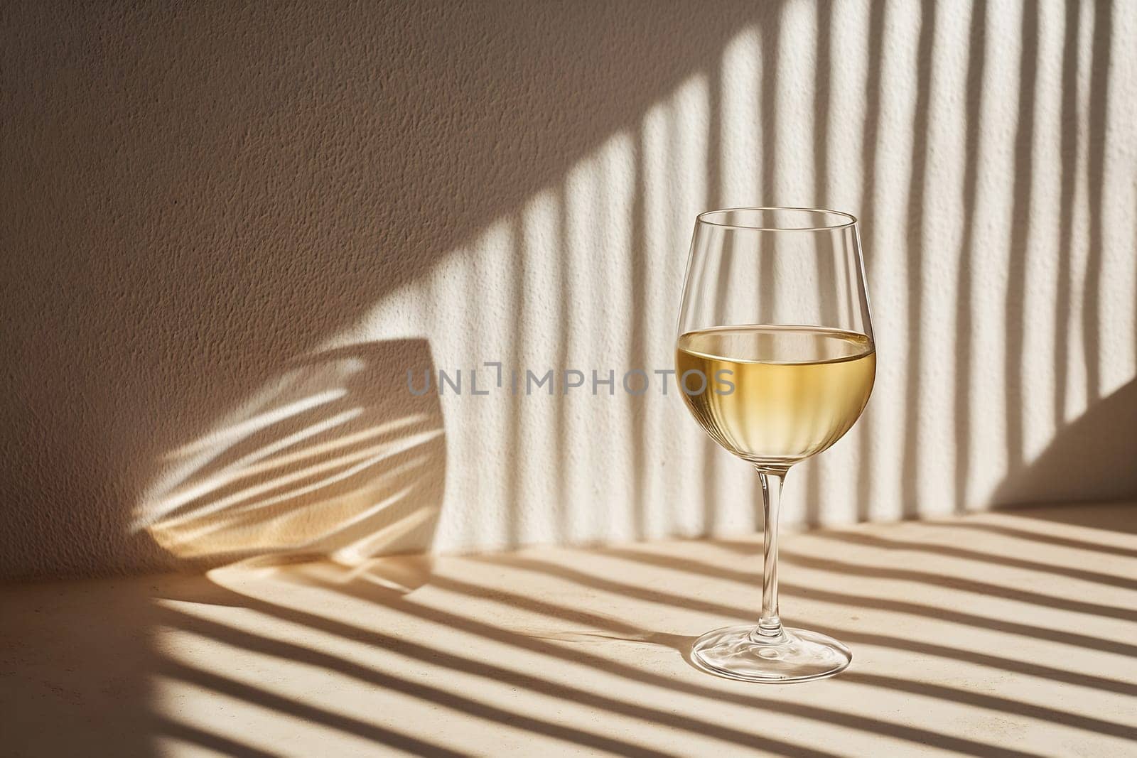 A glass filled with yellow wine sits on a surface, casting shadows from nearby light. Stripes of light create an artistic effect surrounding it.
