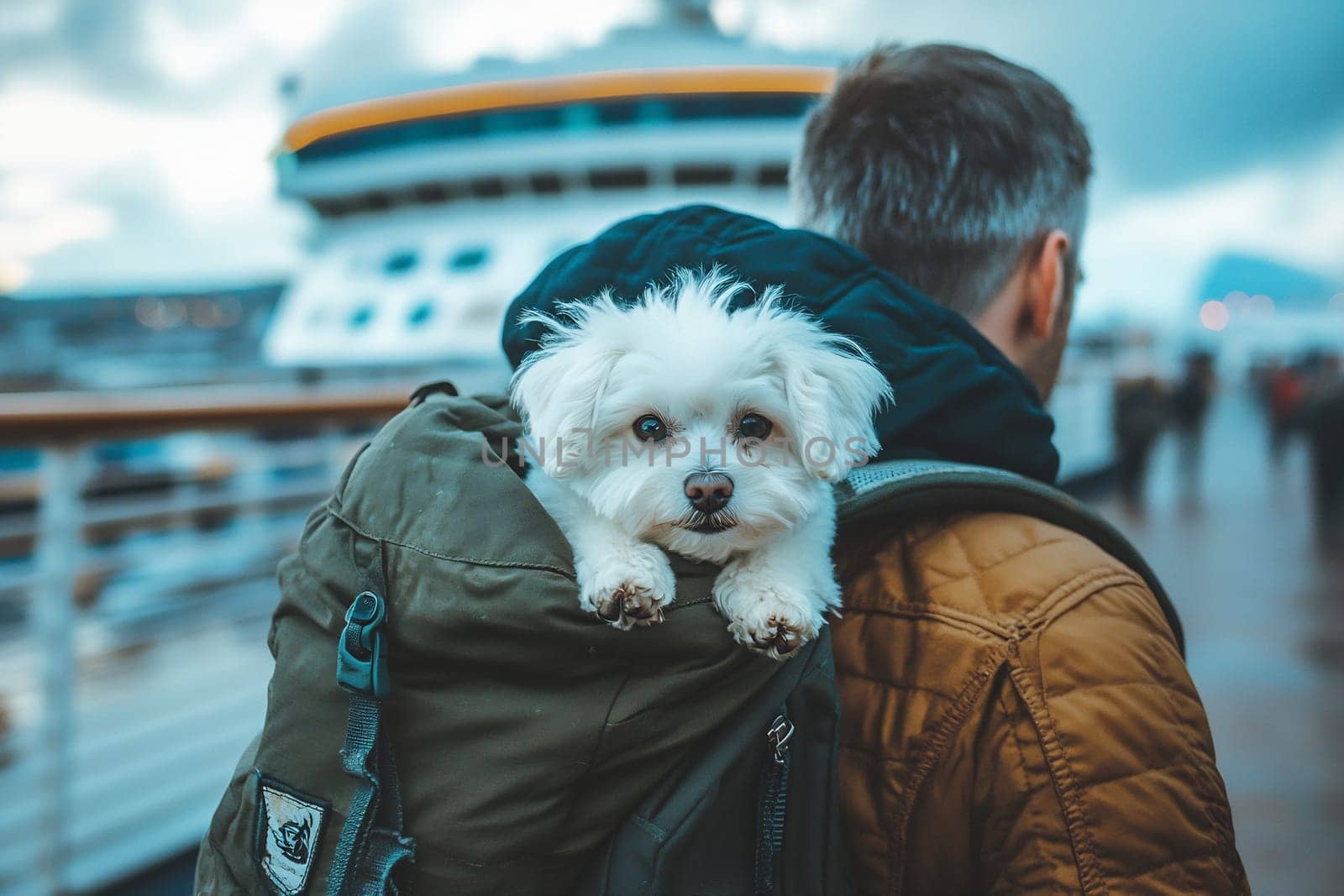 A small white dog peeks out from a backpack while its owner stands on a cruise ship deck, surrounded by travelers and scenic views.
