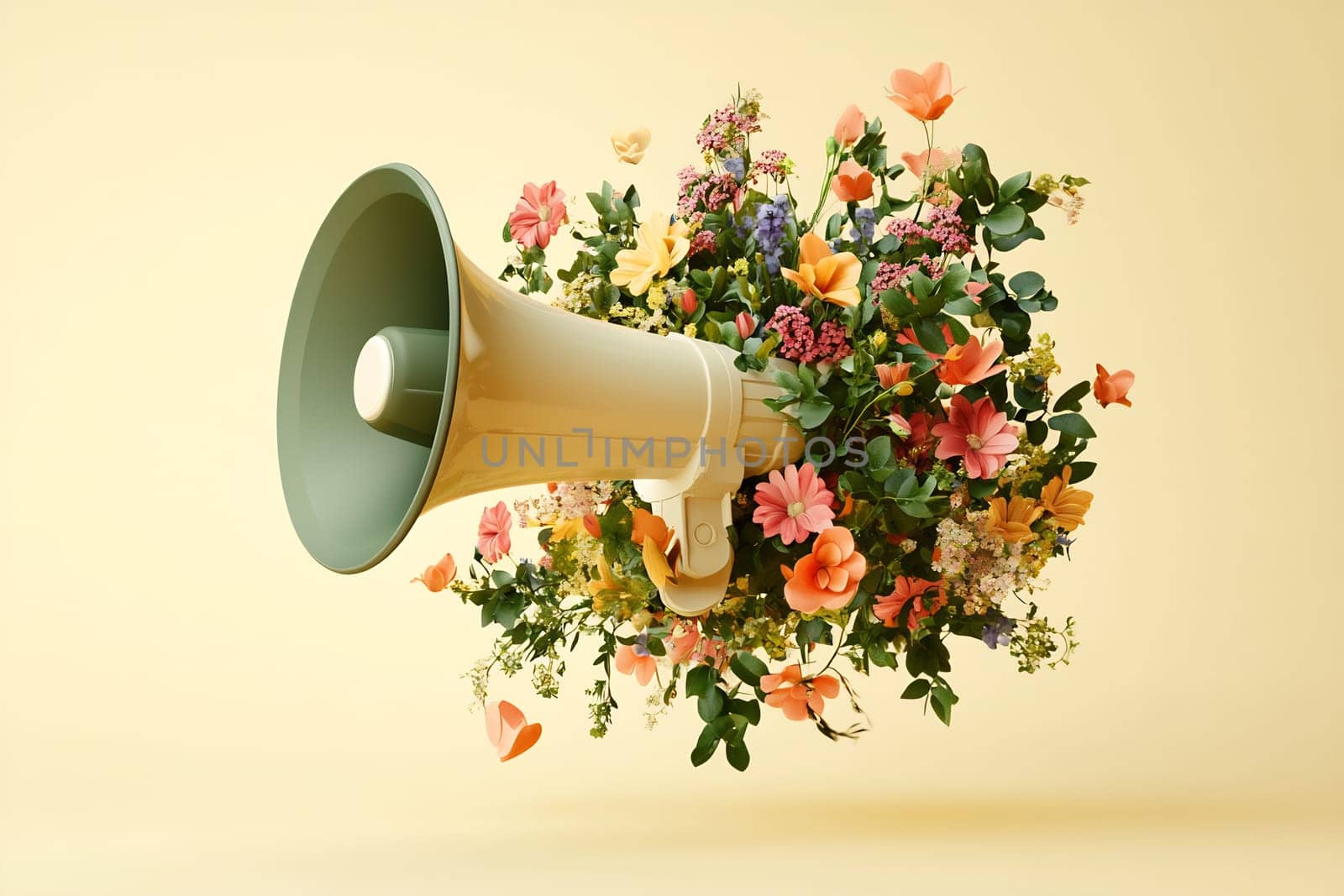 A megaphone bursts with colorful flowers and greenery against a pale yellow background, symbolizing the power of expression and nature.