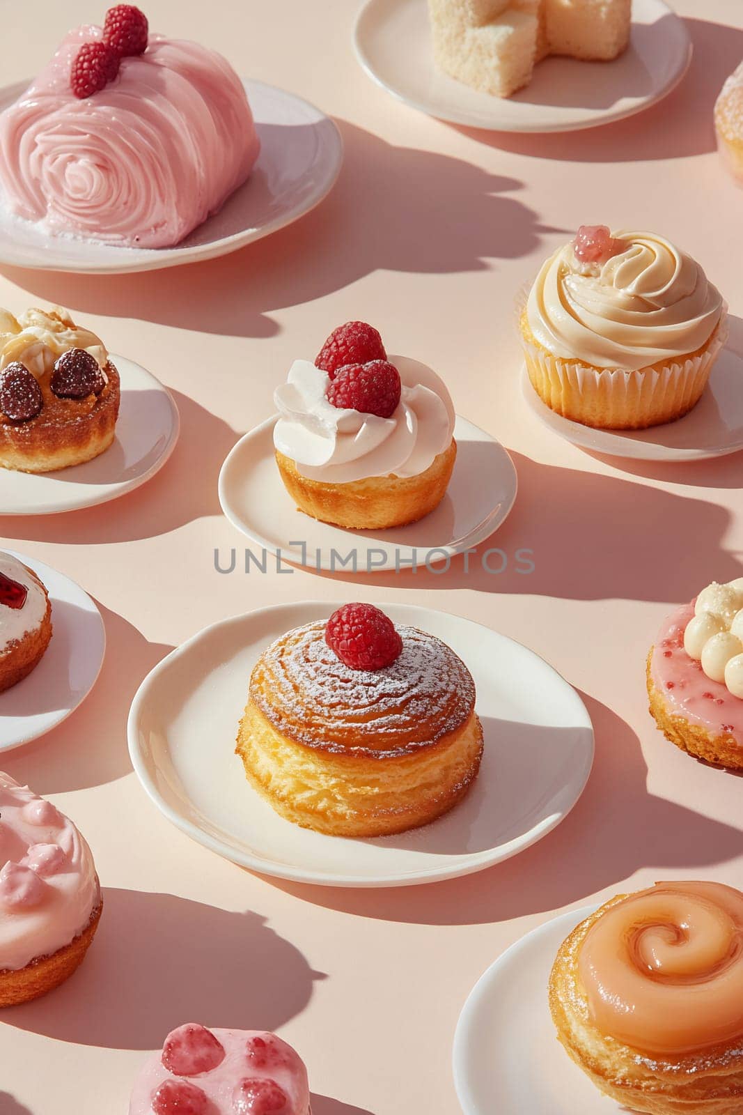 An array of colorful pastries and desserts with fresh raspberries on light pink plates. Soft lighting enhances the delightful presentation.