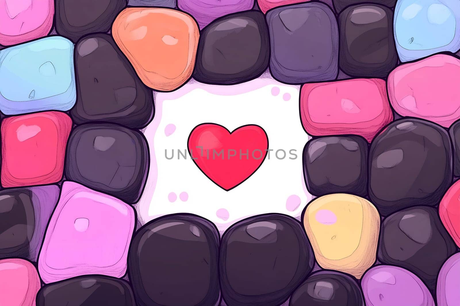 Vibrant stones in various colors encircle a red heart in the center, creating a playful and artistic design.