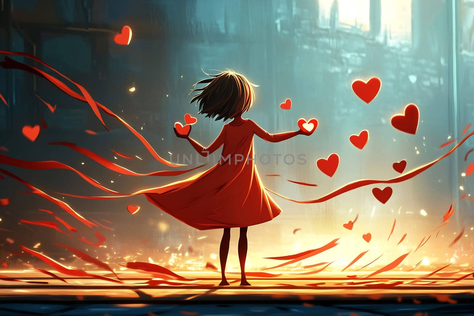 A girl in a red dress stands with her back to the viewer, releasing hearts into the glowing atmosphere of a fantastical world.